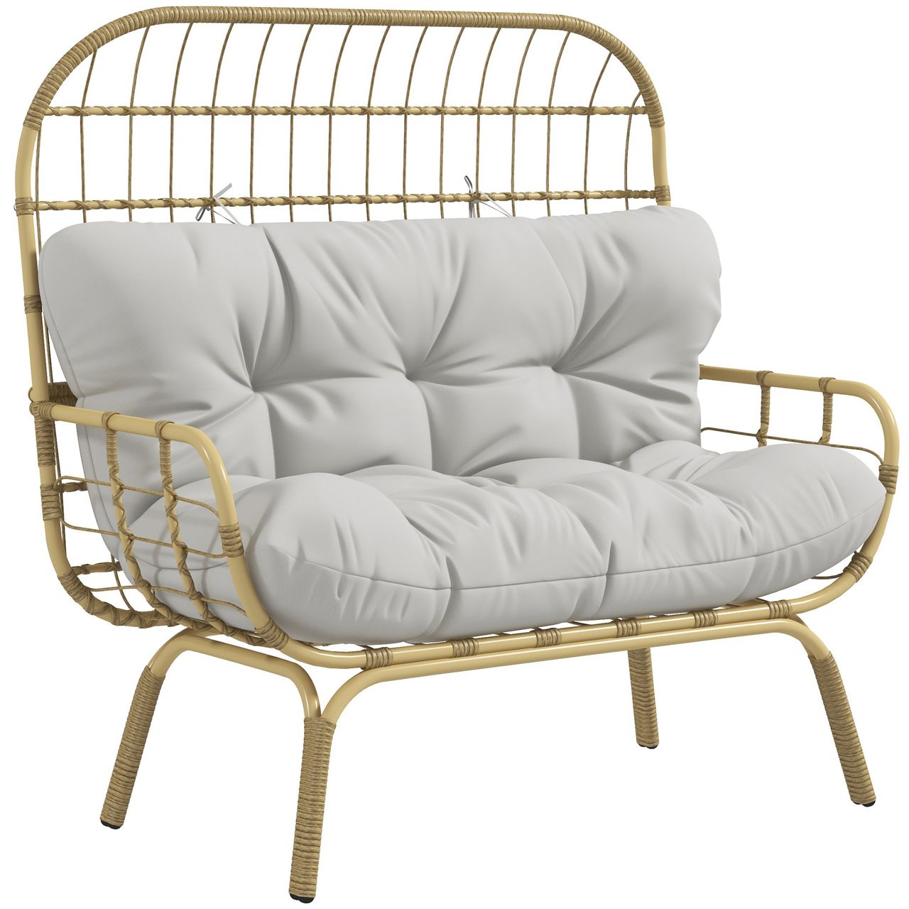 Outsunny Gartensofa 2 Sitzer Rattansofa mit Armlehne, Gepolstertem Kissen, Grau