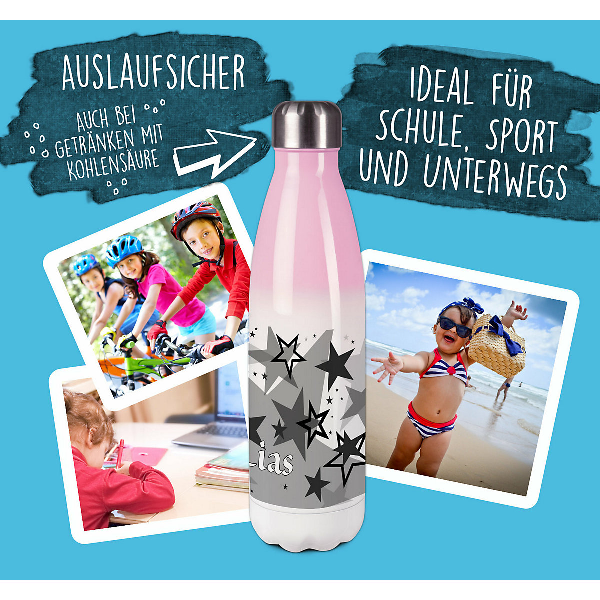 Edelstahl Kinder Thermoflasche / Trinkflasche bunt Sternenhimmel Farbe schwarz Spülmaschinenfest, Auslaufsicher, Bruchfest, Doppelwandig, Für Heißgetränke geeignet, Mit Deckel, Isoliert