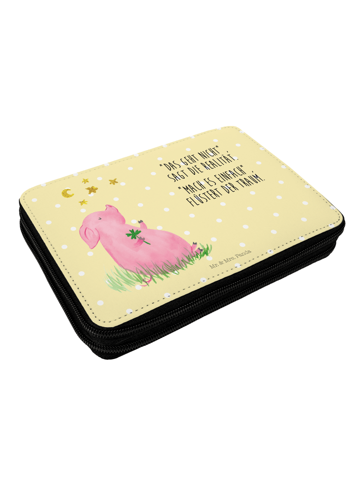 Mr. & Mrs. Panda Federmappe Schwein Glück mit Spruch in Gelb Pastell günstig kaufen onesize