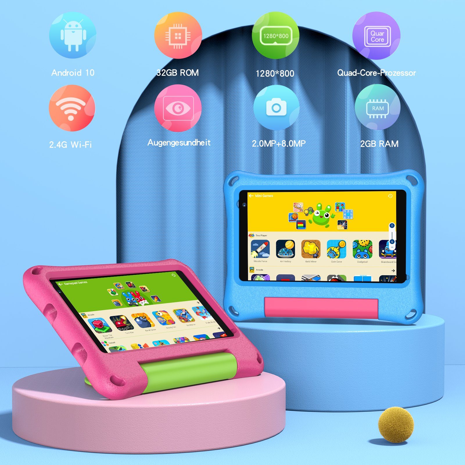 Ulife Lerntablet VASOUN M7 Kids, für Kinder ab 2 Jahren, 7 Zoll, Dual-Kamera, mit Halterung, fallfest, Augenschutz, System der elterlichen Kontrolle