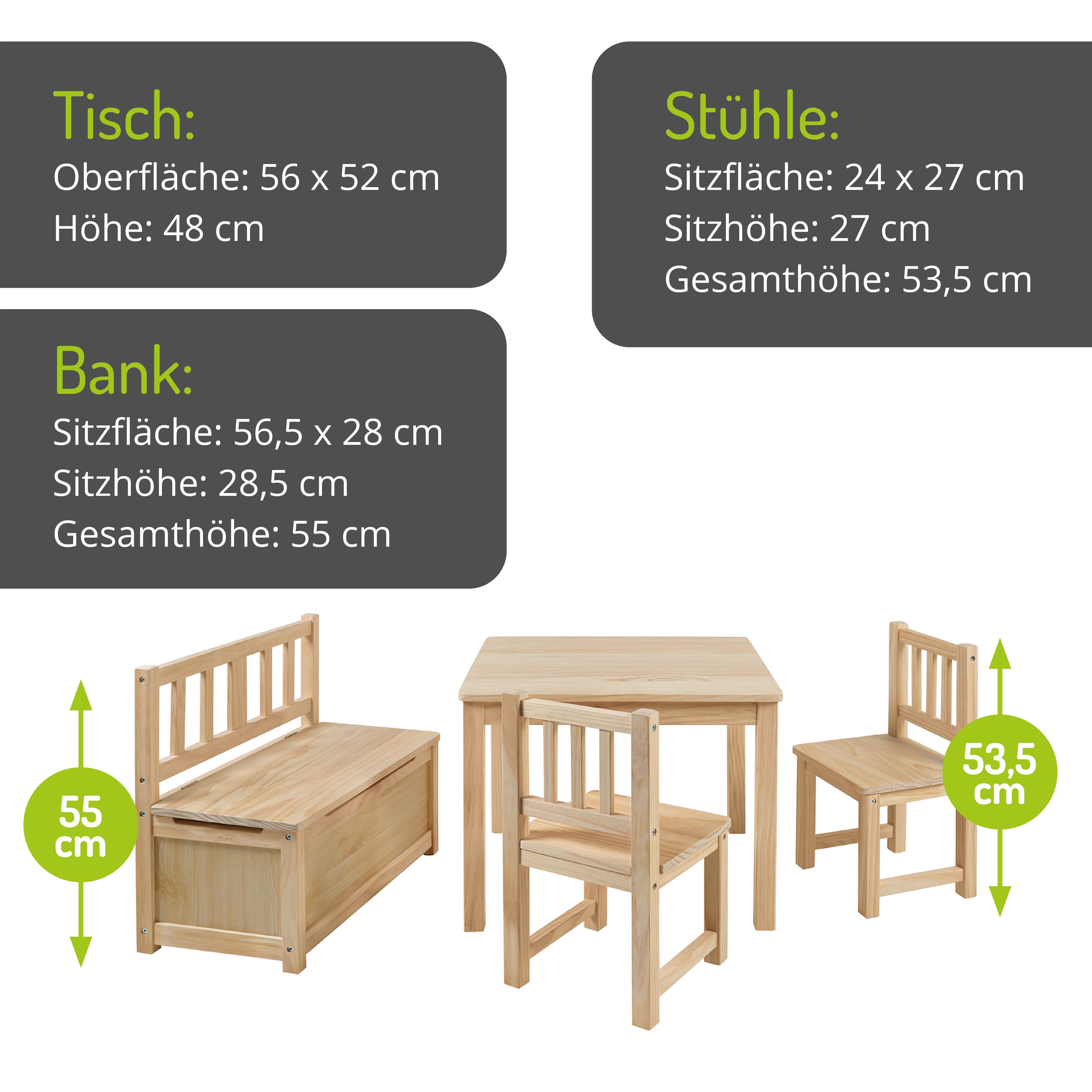 BOMI Kindersitzgruppe Holzsitzgruppe Anna, (4-tlg), Kindertischgruppe aus Holz (4tlg. Tisch, Kinderbank, 2 x Stühle)