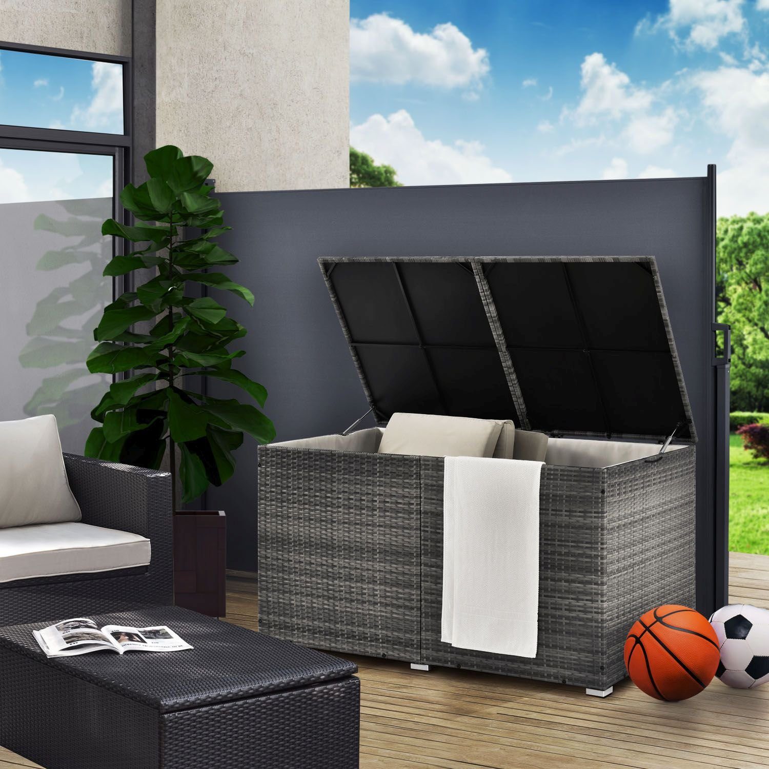 Juskys Auflagenbox Ikaria, aus Polyrattan, mit Deckel, Hubautomatik und Innenplane