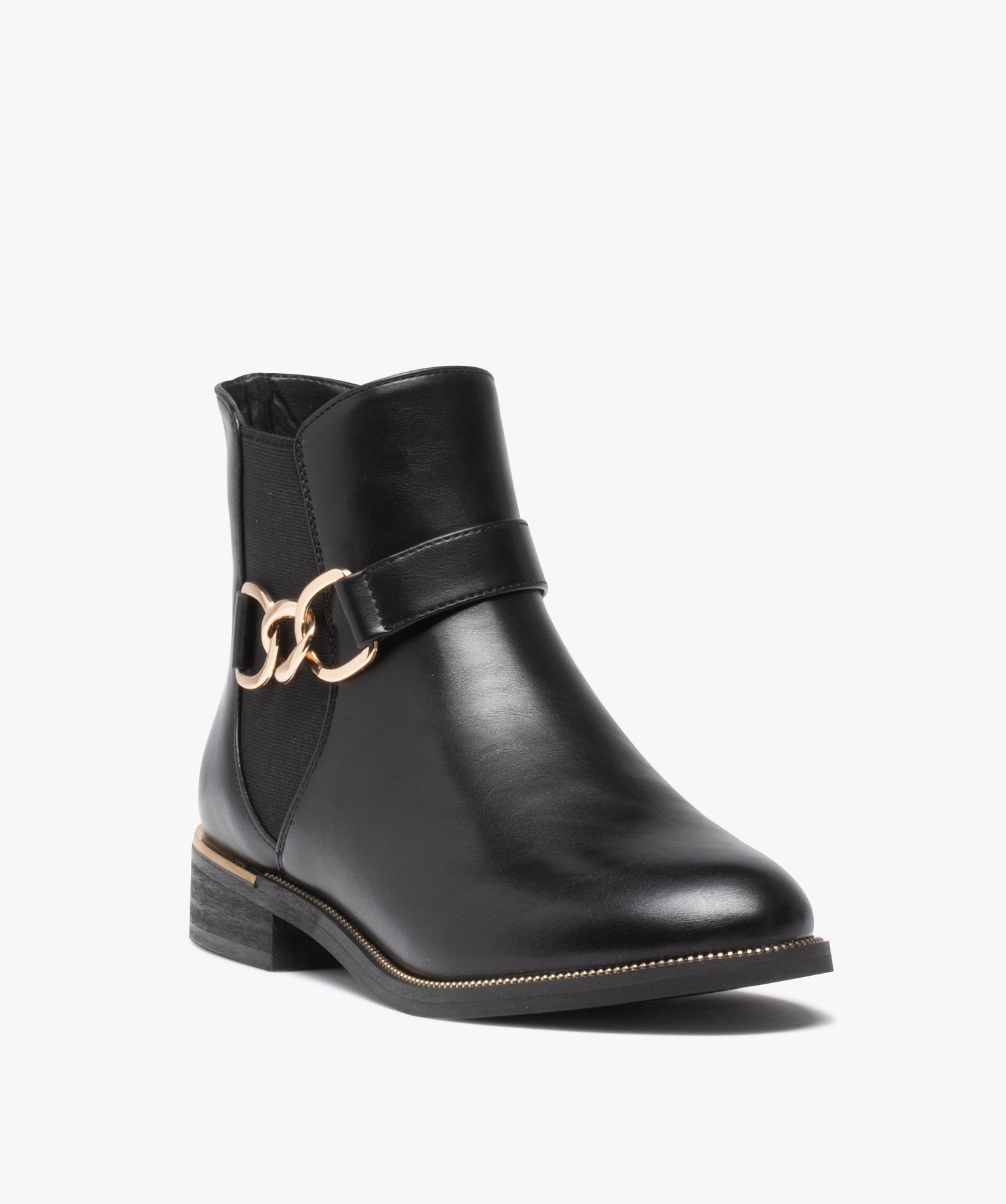 Boots femme unies à talon plat et chaine métallique noir | GEMO