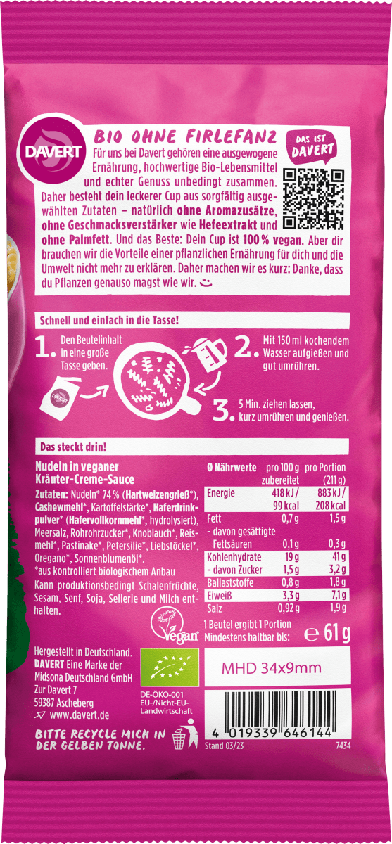 Fertiggericht, Noodle Cup Kräuter-Creme-Sauce, 61 g