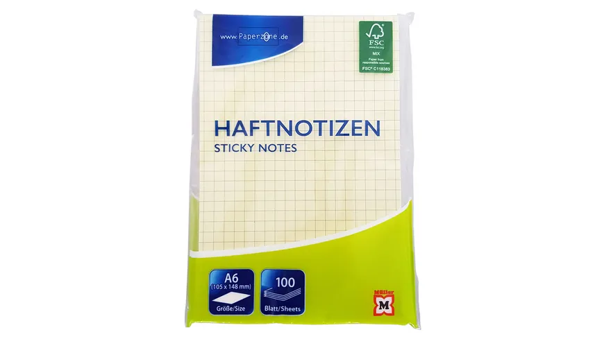 PAPERZONE Haftnotizen kariert gelb 105 x 148mm 100 Blatt gelb