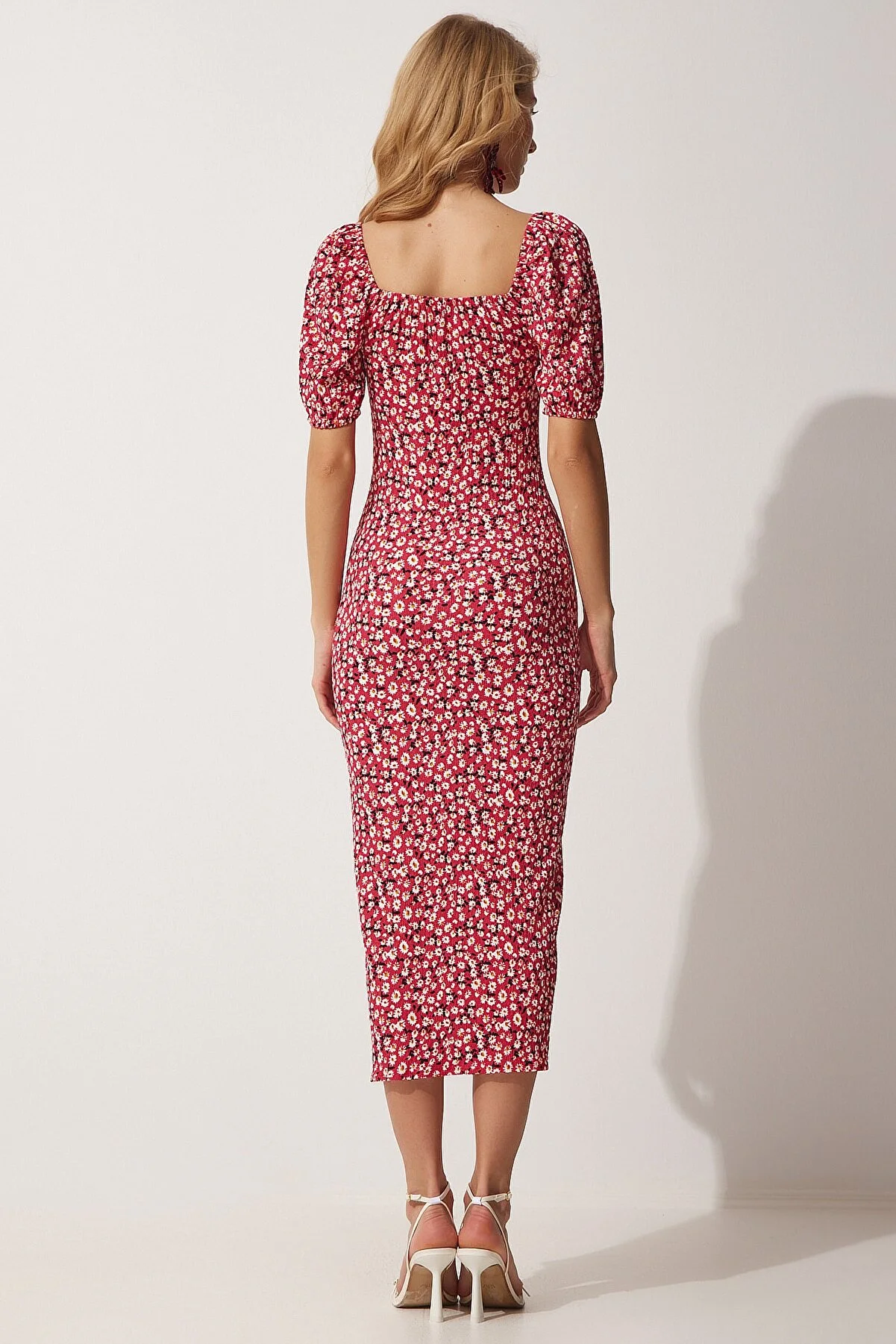 Happiness İstanbul  Dunkelrosa Damen-Sommerstrickkleid mit Carmenkragen und Schlitz FF00113