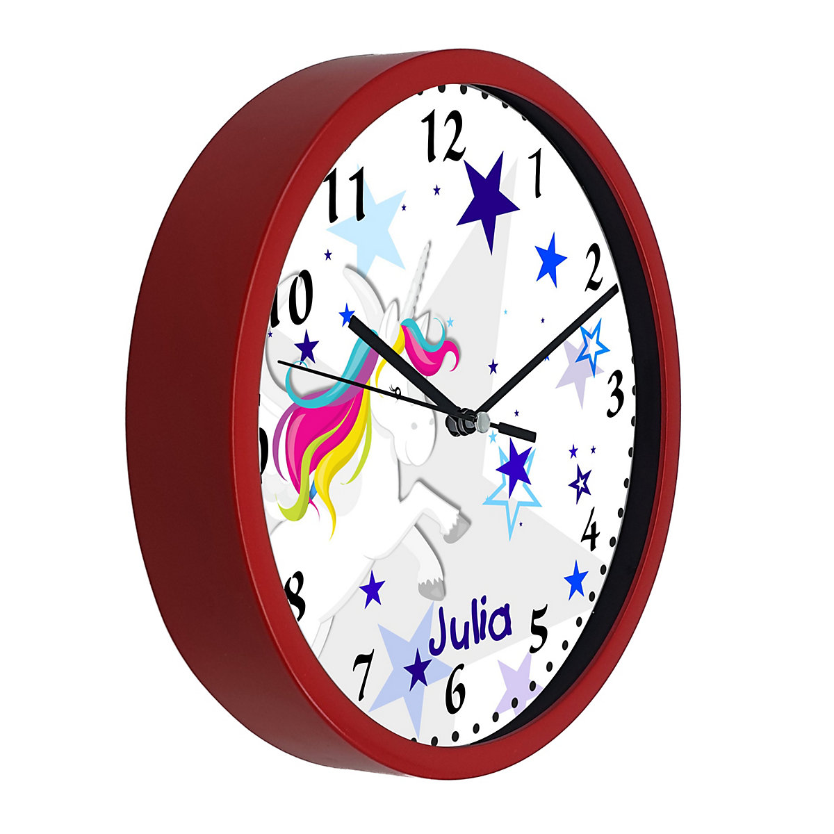 Kinder Wanduhr laufruhig personalisiert mit Name Pegasus Sterne Blau
