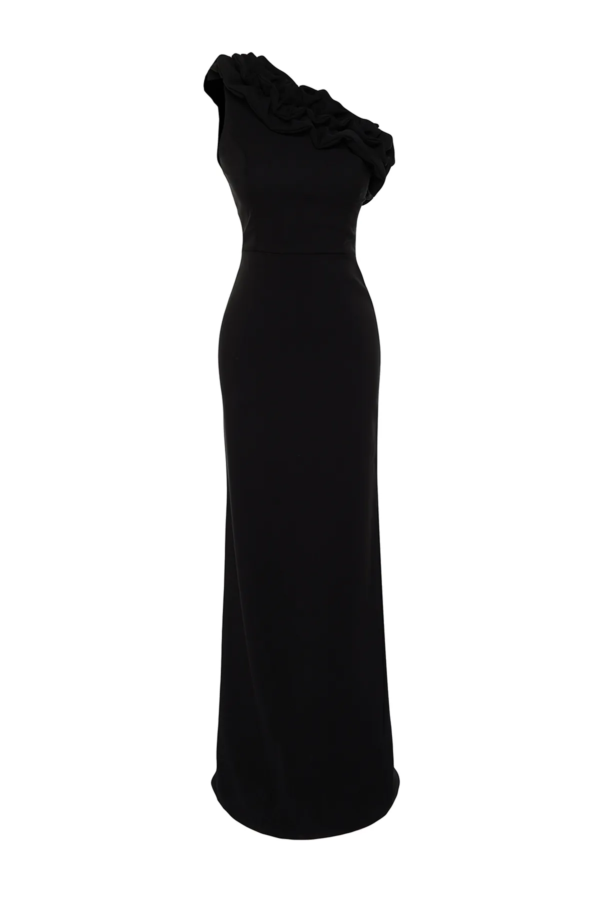 Trendyol Collection  Schwarzes, gewebtes, langes Abendkleid mit Volants TPRSS21AE0044
