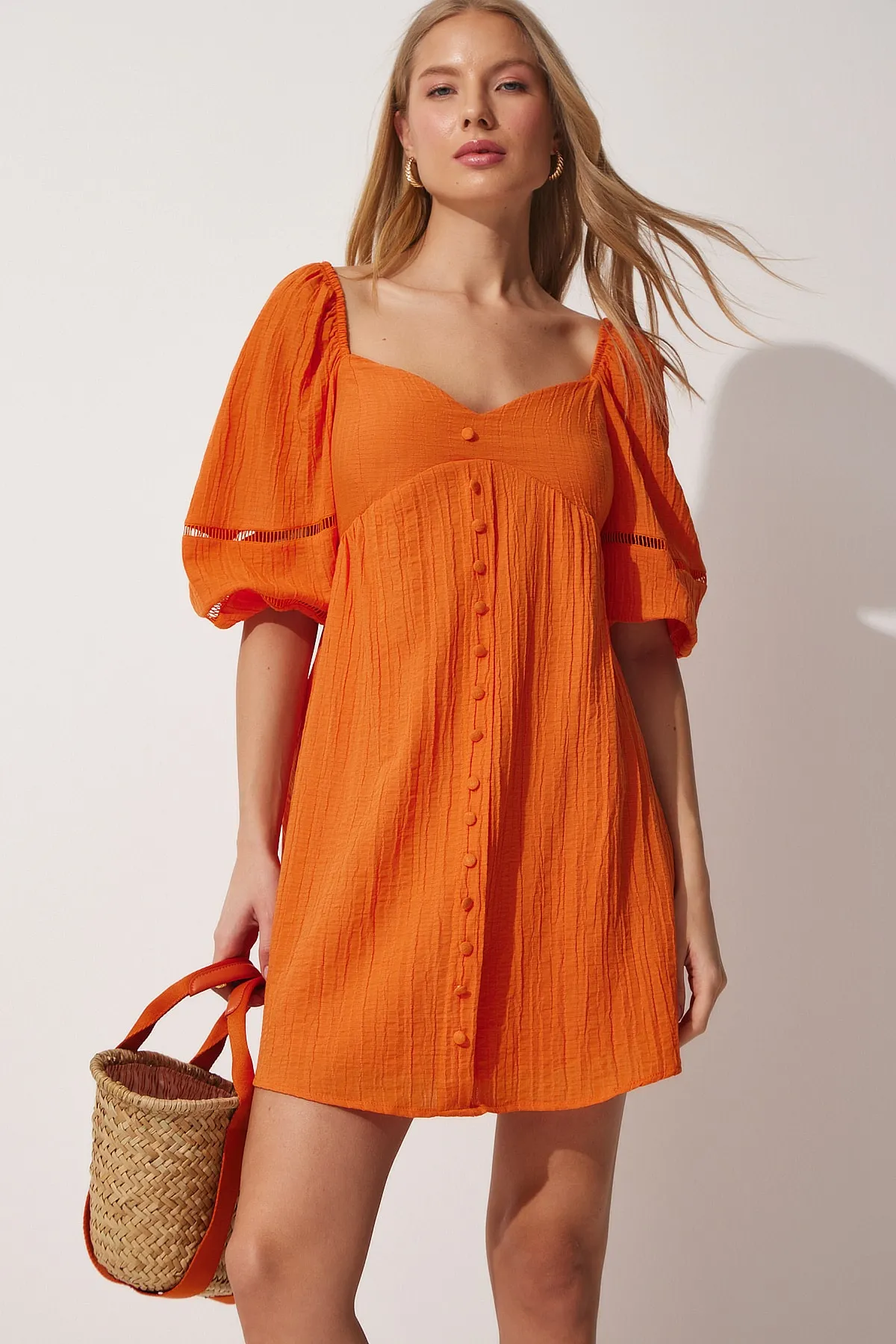 Happiness İstanbul  Damen-Sommerkleid mit herzförmigem Ausschnitt und Ballonärmeln in Orange DM00113