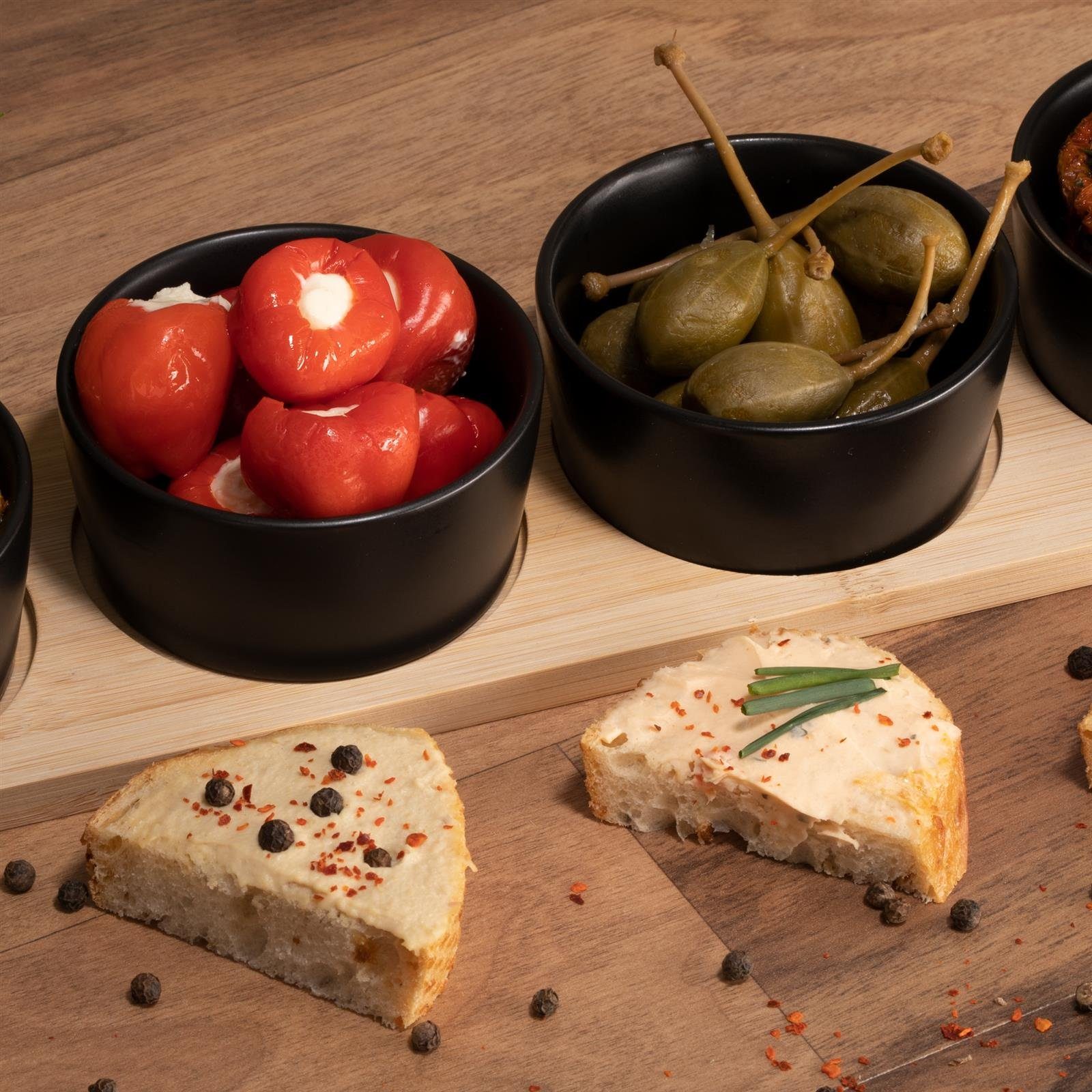 Moritz & Moritz Servierschale Schalen Set inkl. Löffel & Servierbrett, Bambus, Keramik, (Set, 9-tlg), Als Tapas Schalen und Dip Schälchen