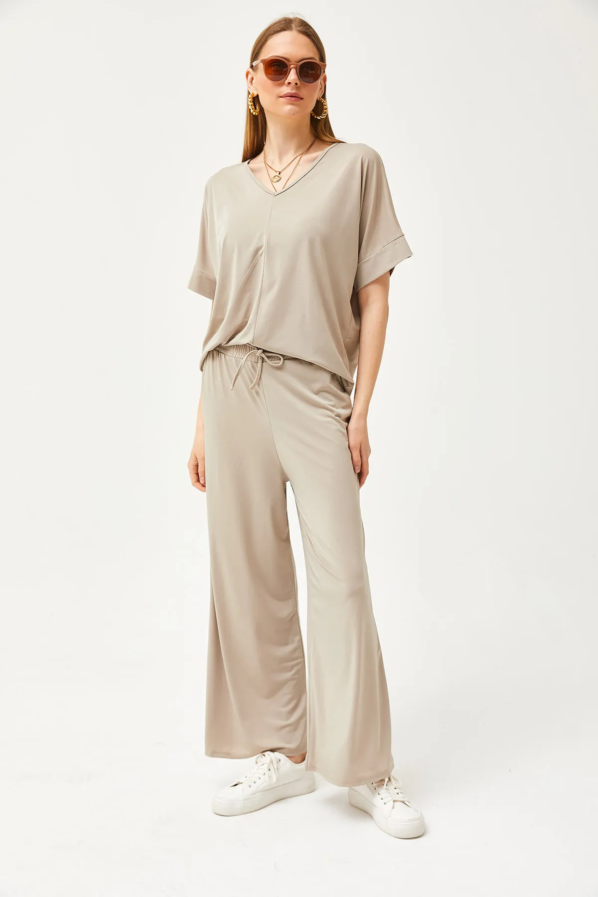 Olalook  Damen Beige Top Bluse Unterteil Palazzo Locker Strick Set TKM-19000267