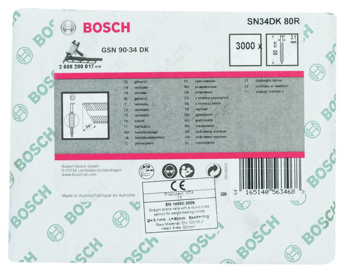 Bosch Blue Accessories 2608200017 SN34 DK 80R Gwoździe taśmowe 34° D-Head Blank Ring 80 mm 3000 sztuk