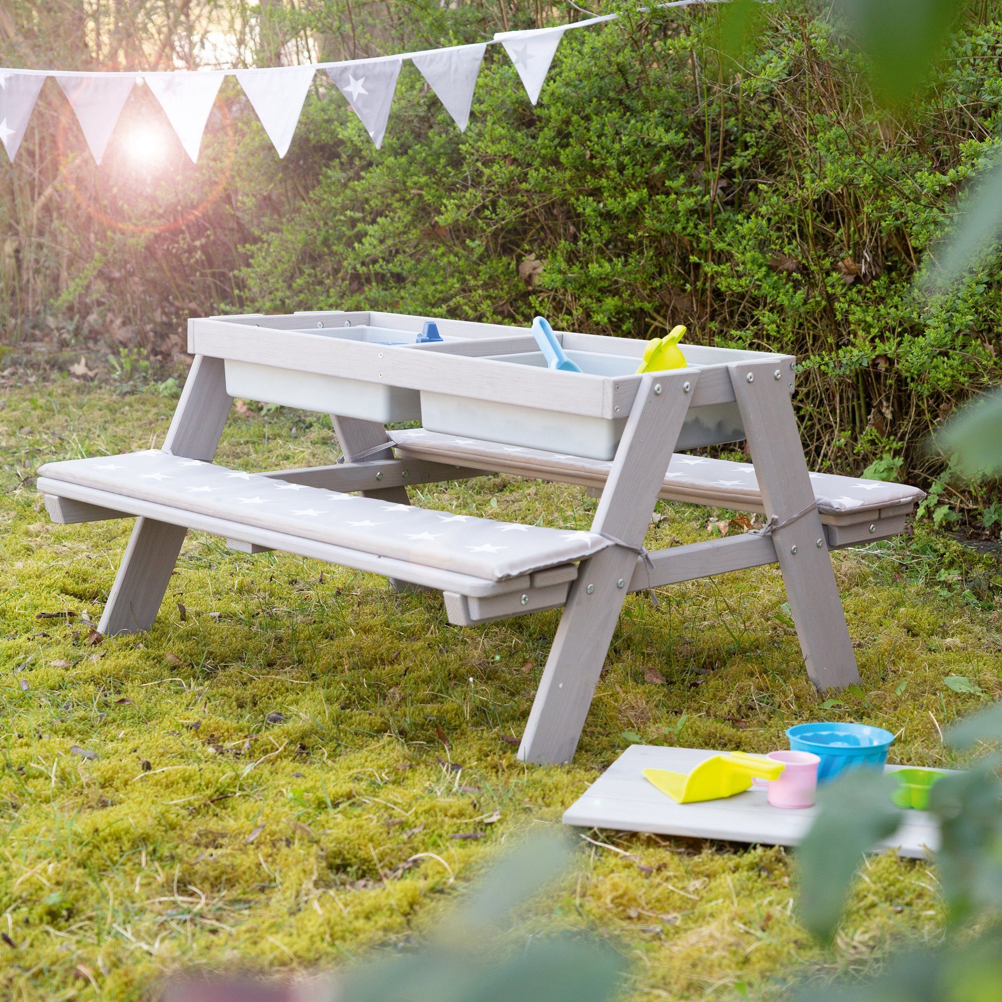roba® Kindersitzgruppe Picknick for 4 Outdoor + mit Spielwannen, Grau, (Set), mit abgerundeten Ecken; inklusive Sitzauflagen ÂLittle StarsÂ
