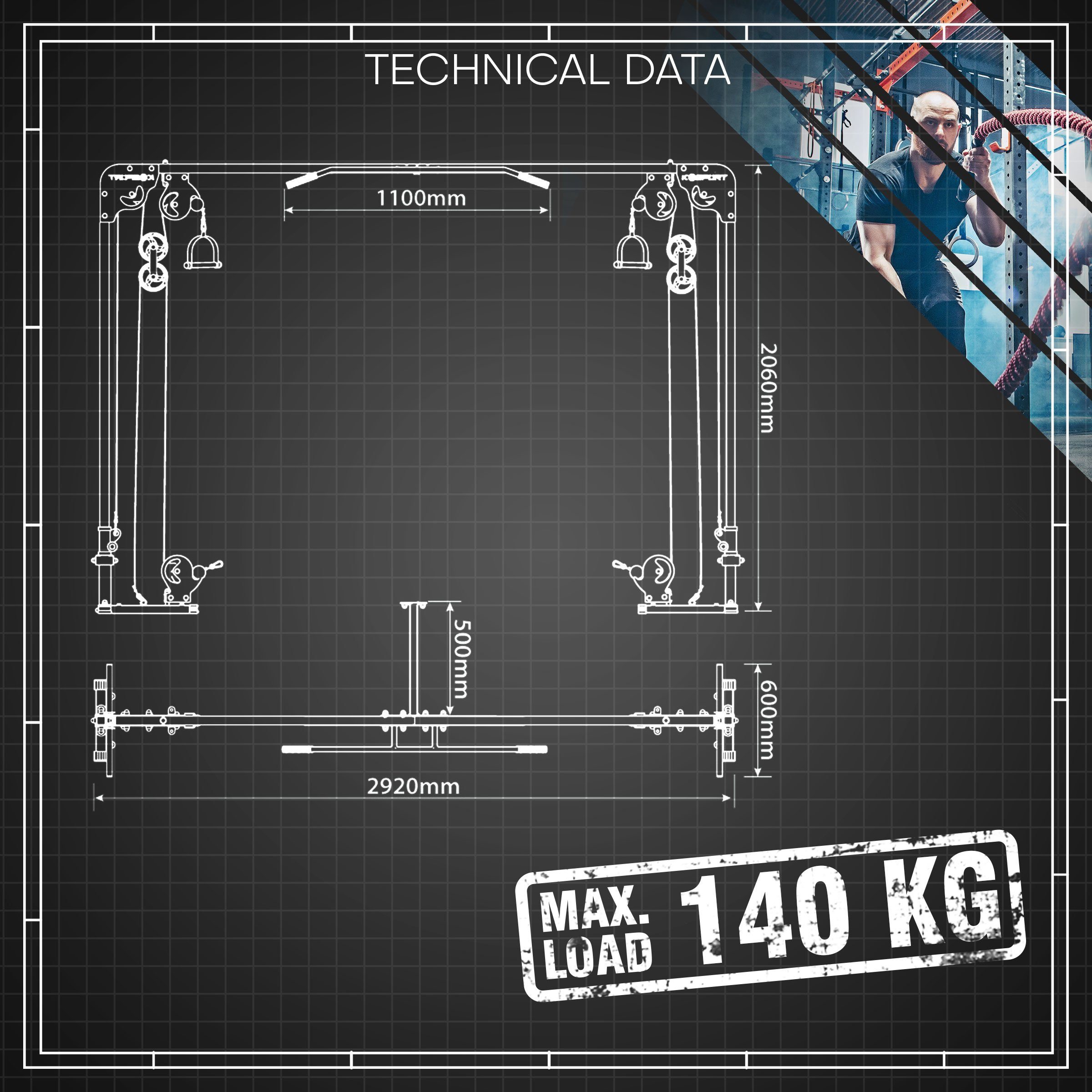 K-SPORT Kraftstation Oberer und Unterer Cable Cross Kabelzug, (Seil-Crossover-Maschine inklusive Klimmzugstange, Multi-Fitnessgerät für Zuhause, Massiver Stahlrahmen), Made in EU!