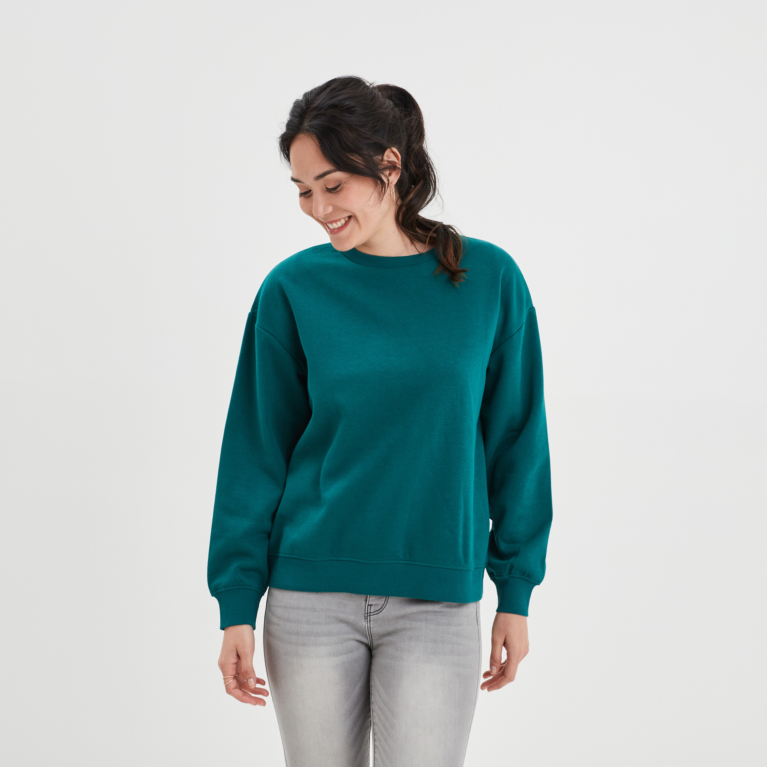 Sweat molleton avec col rond vert émeraude femme | La Halle