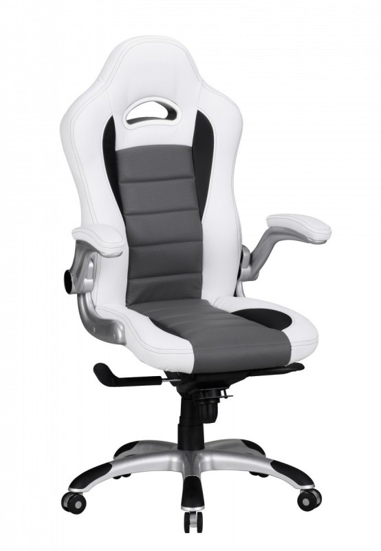 Amstyle Chefsessel Racing Leder Optik weiß grau mit schwarzen Streifen mit Armlehnen klappbar