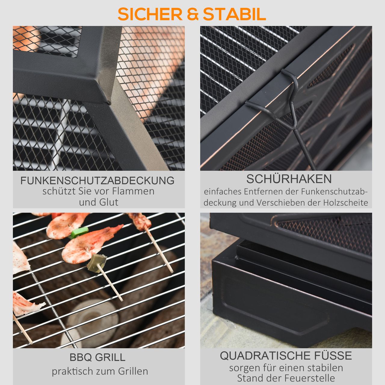 Outsunny Feuerschale mit Funkenschutz Feuerkorb mit Grillrost, Schürhaken Metall
