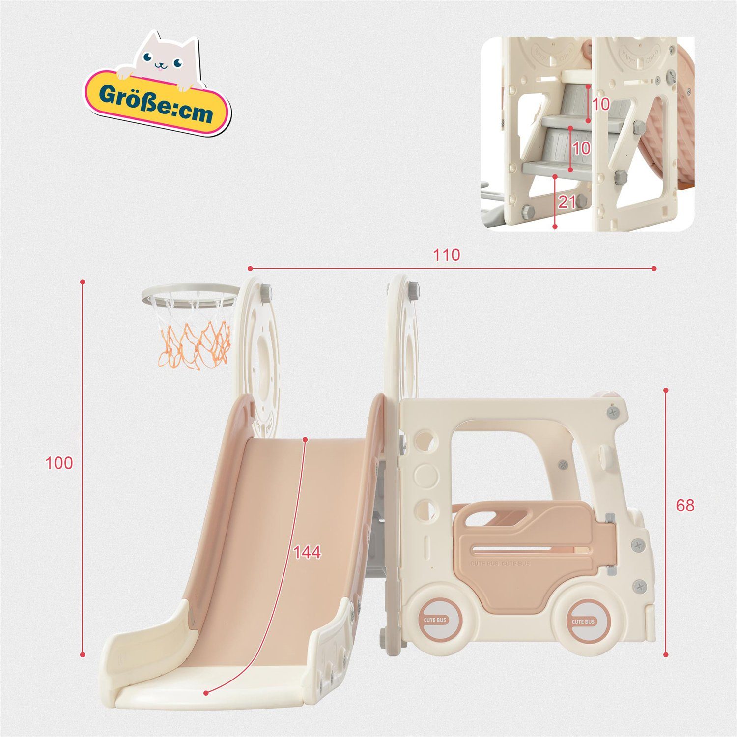 Fangqi Indoor-Rutsche 4-in-1-Kinderrutsche, Indoor-Spielzeug, Rutschenset,Weihnachtsgeschenk, (mit Bus, Rutsche, Aktivitätsleiter, Basketballkorb und passenden Basketbällen)