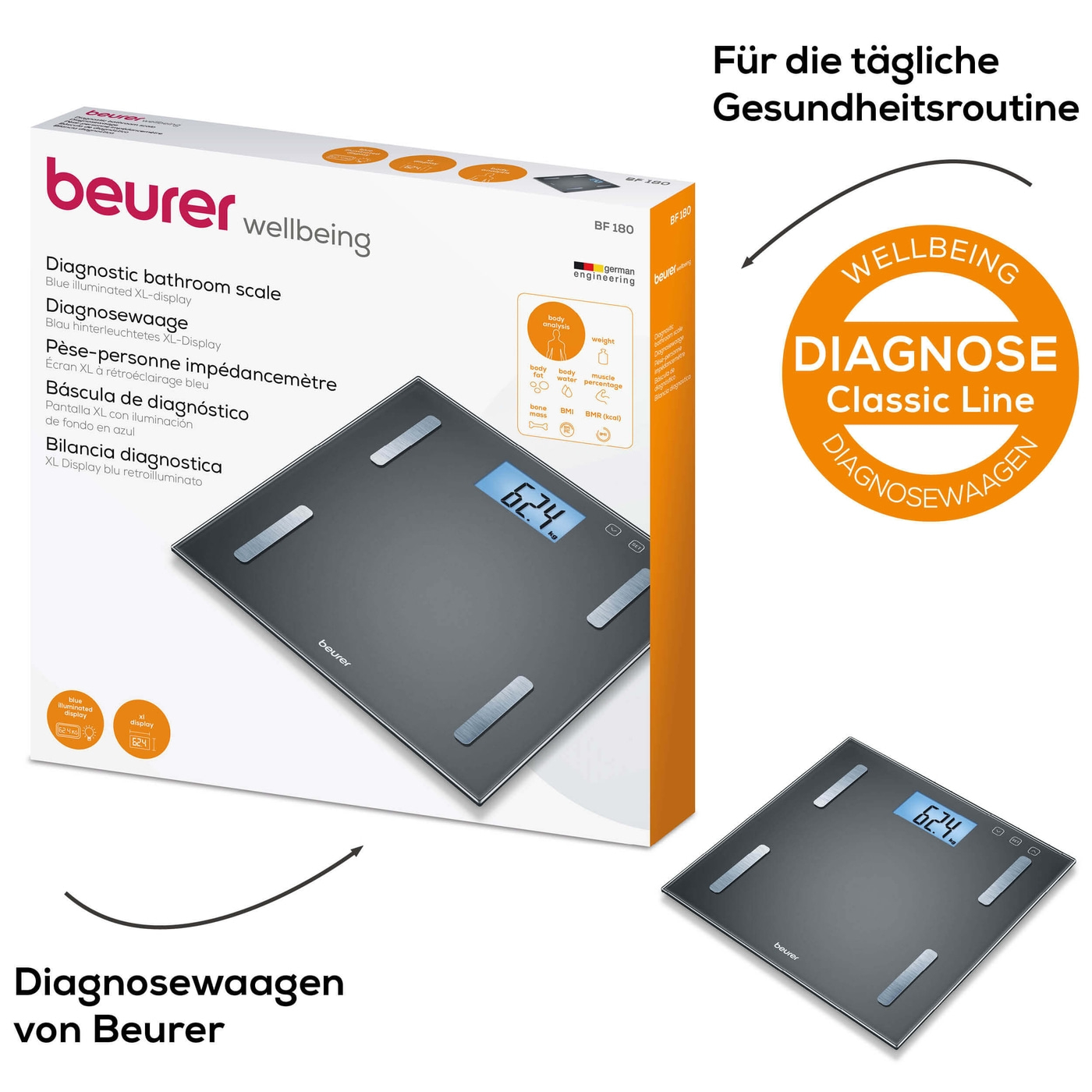 Beurer Diagnosewaage BF 180-Körperwaage mit BMI Ganzkörperanalyse & XL-Display - bis 180 kg