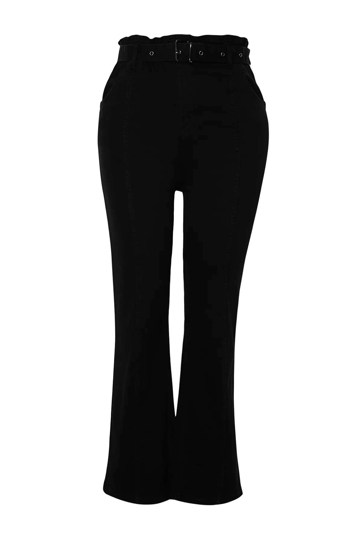 Trendyol Curve  Schwarze High-Waist-Jeans mit Gürtel und Nähten, detaillierte Straight-Fit-Jeans TBBAW24CJ00013