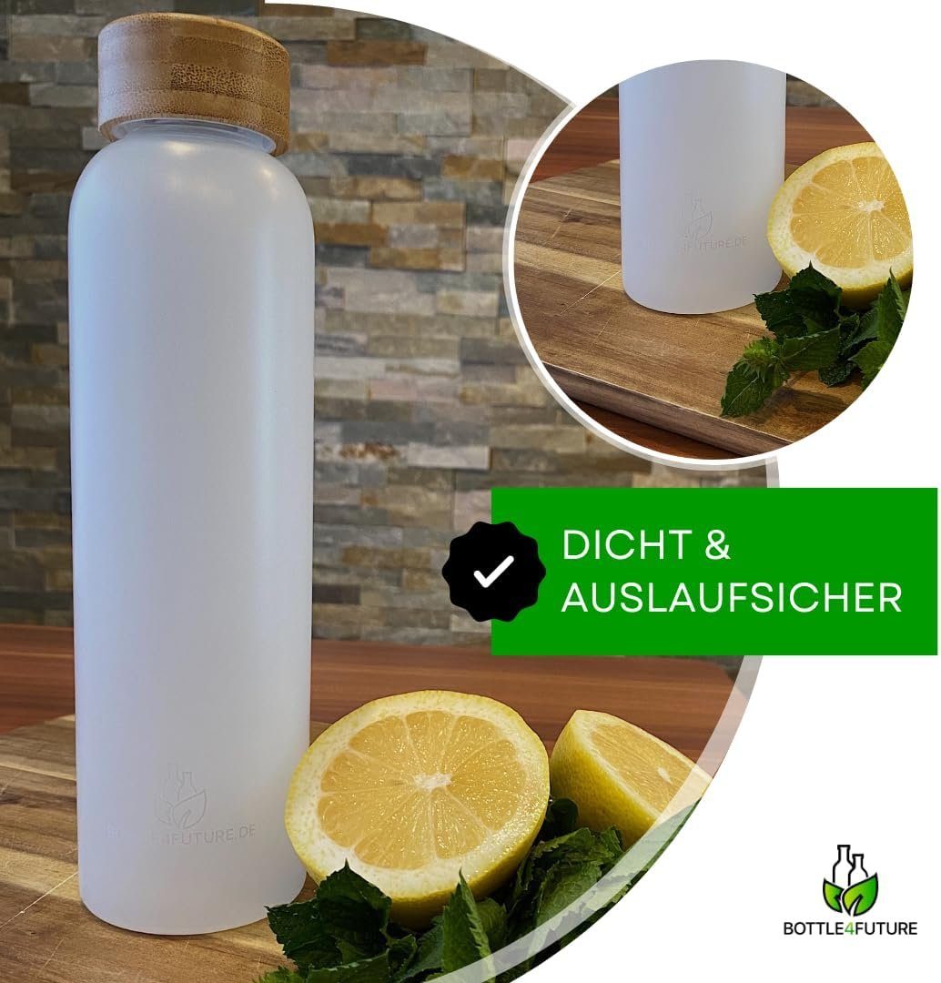 Bottle4Future Trinkflasche 500ml Glas, Auslaufsicher, Bruchsicher, Kohlensäure Geeignet, Borosilikatglas 500ml