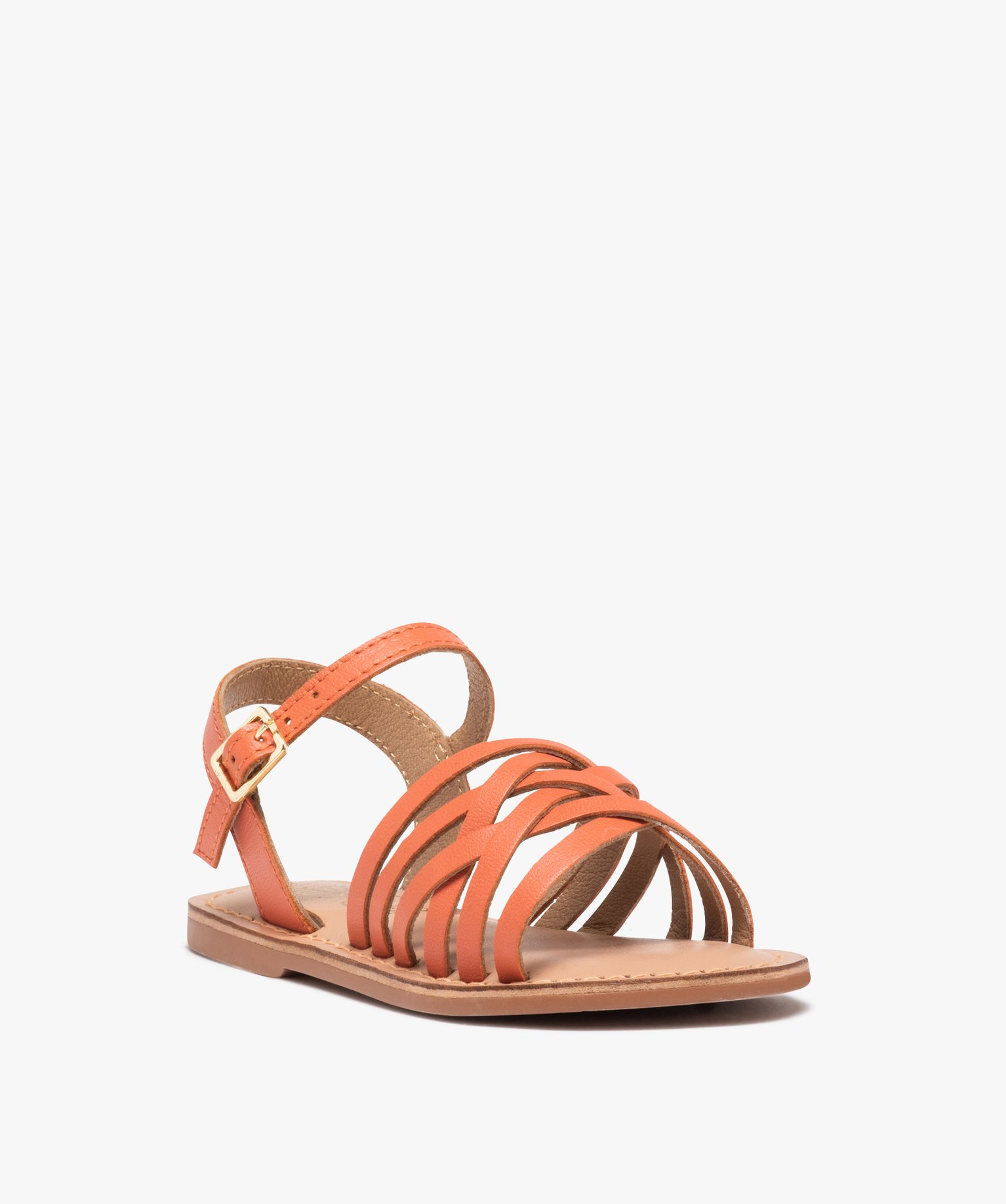Sandales fille unies à fines brides entrelacées en cuir rose | GEMO