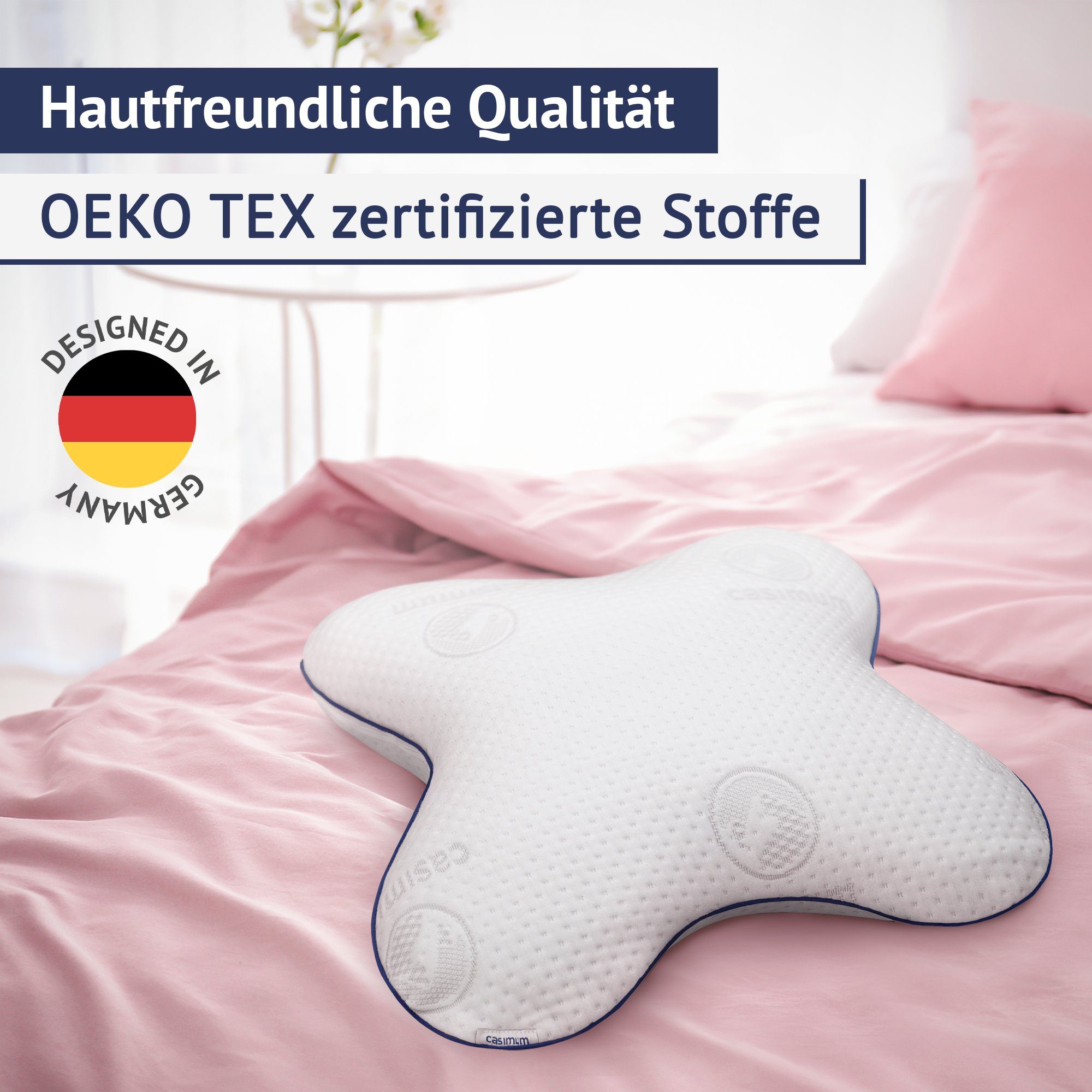 Nackenstützkissen Schmetterling, casimum, Füllung: Memory Foam, Bezug: Blau, Seitenschläferkissen aus Memory Schaum, mit blauem Bezug, 56x48 cm