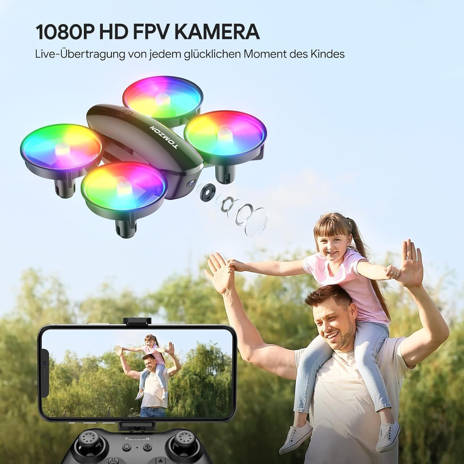 Tomzon Mini Drohne mit Kamera für Kinder Anfänger Drohne (1080P HD, mit Bunte LED-Licht Lange Flugzeit 360°Propellerschutz/WerfenGo/3DFlip)