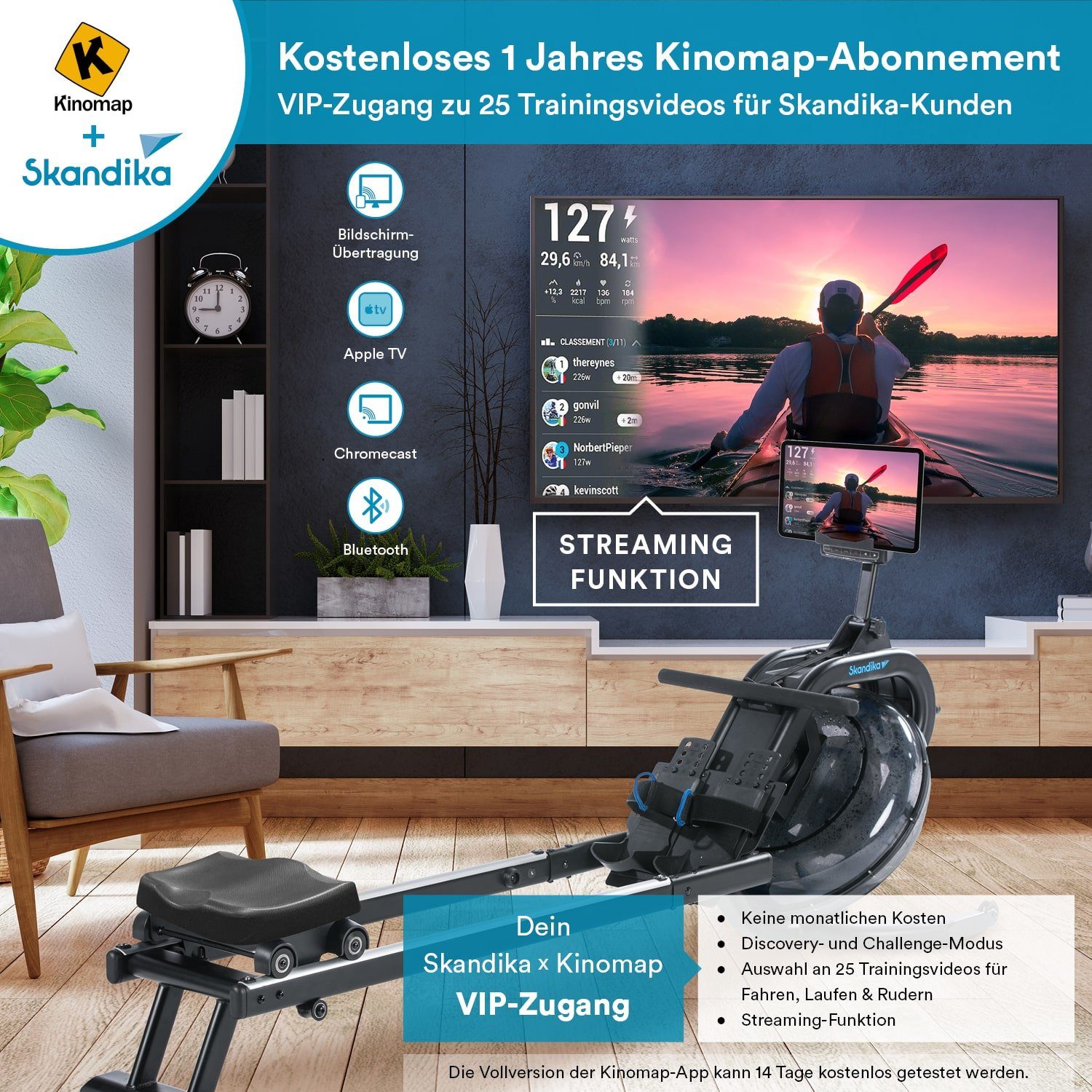 Skandika Rudergerät Rudergerät Nemo IV, Wasser Rudergerät für Zuhause mit Wasserwiderstand