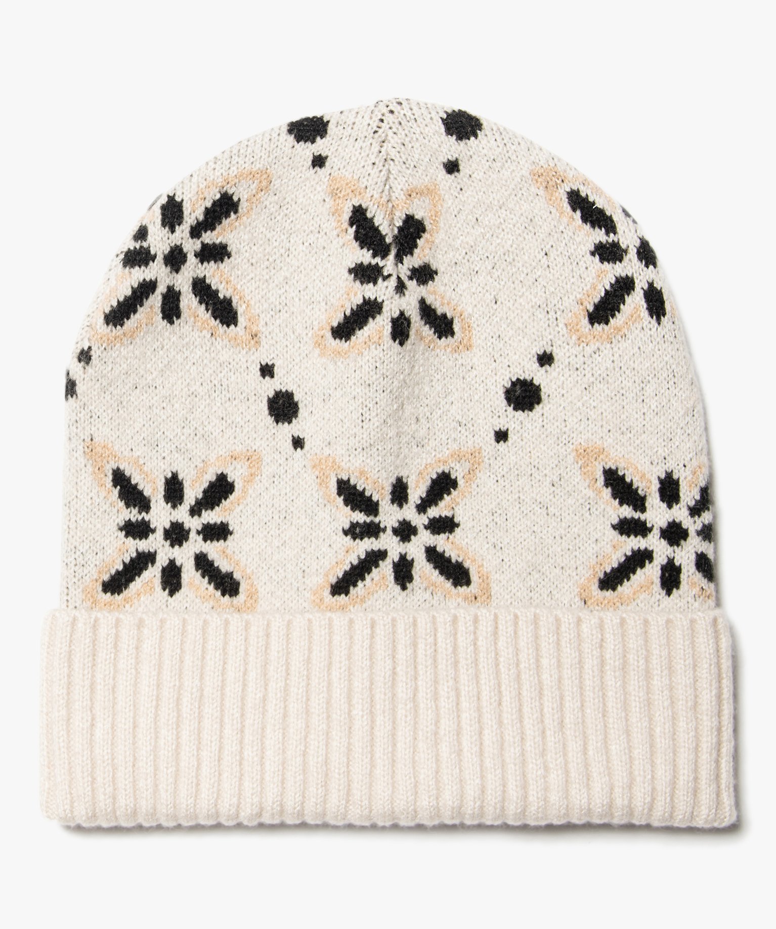 Bonnet femme en maille jacquard motif fleurs beige | GEMO