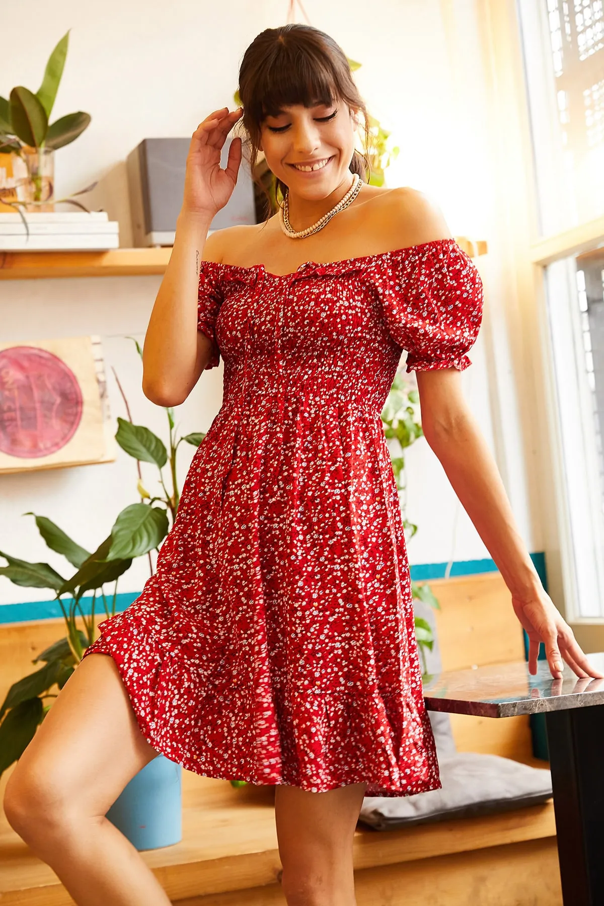 Olalook  Rotes ausgestelltes Kleid mit Gimped-Kragen und Bindegürtel für Damen ELB-19001190