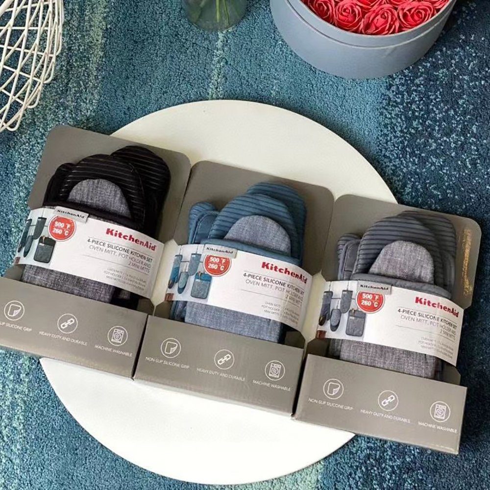 SCOKIT Topfhandschuhe Hitzebeständig Topflappen Set 4 Stück, (Baumwolle Backofenhandschuhe mit Anti-Rutsch Silikon Gestreift), Topflappen Handschuh für Kochen Backen