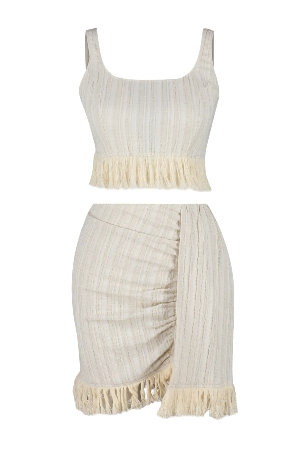 Trendyol Collection  Ecrufarbenes, gewebtes Blusen-Rock-Set mit Quasten TBESS23AU00107
