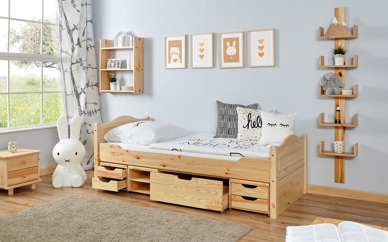 Ticaa Einzelbett Leni Kiefer Var 3 - mit 4er Funktionsschubkasten