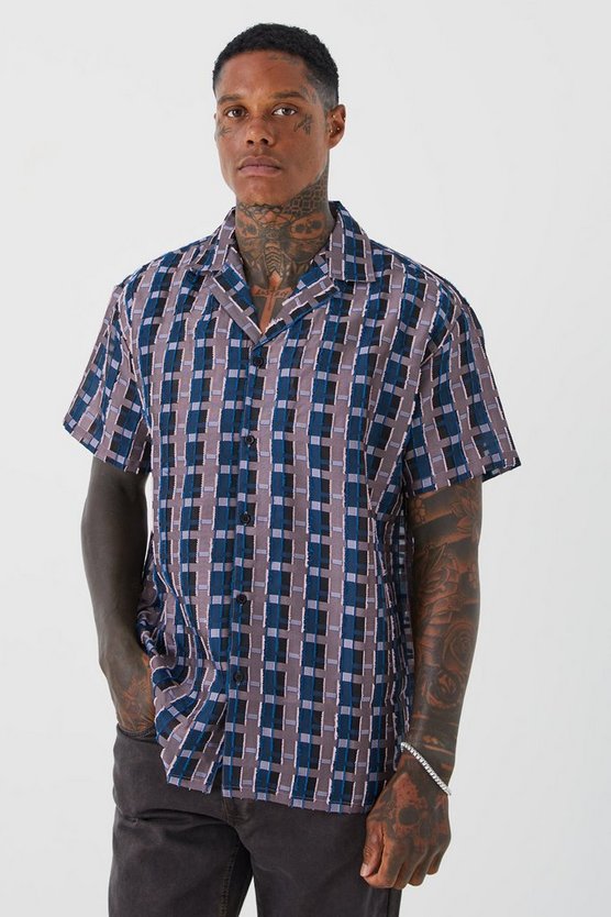 Kurzärmliges transparentes Oversize Velour-Karohemd