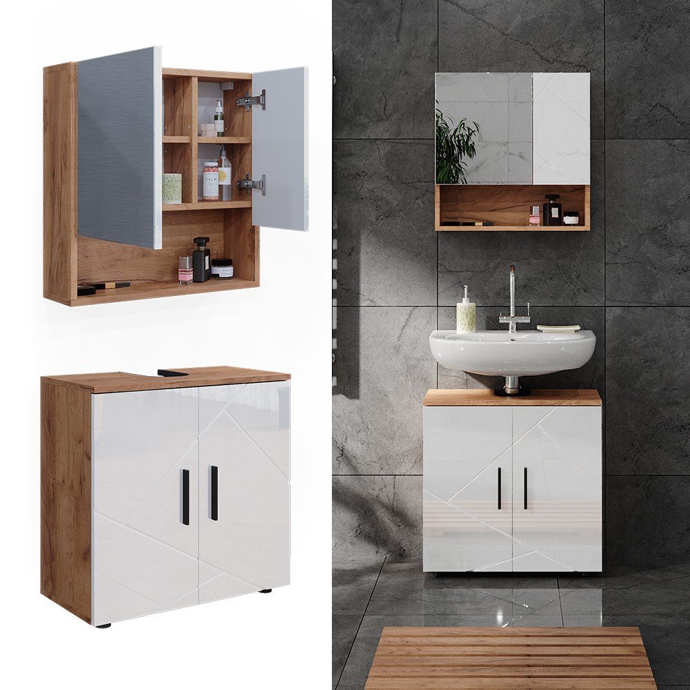 Vicco Badmöbel-Set Badezimmerschrank-Set IRMA Goldkraft-Eiche/Weiß Hochglanz, (2-St., 2-er Set)