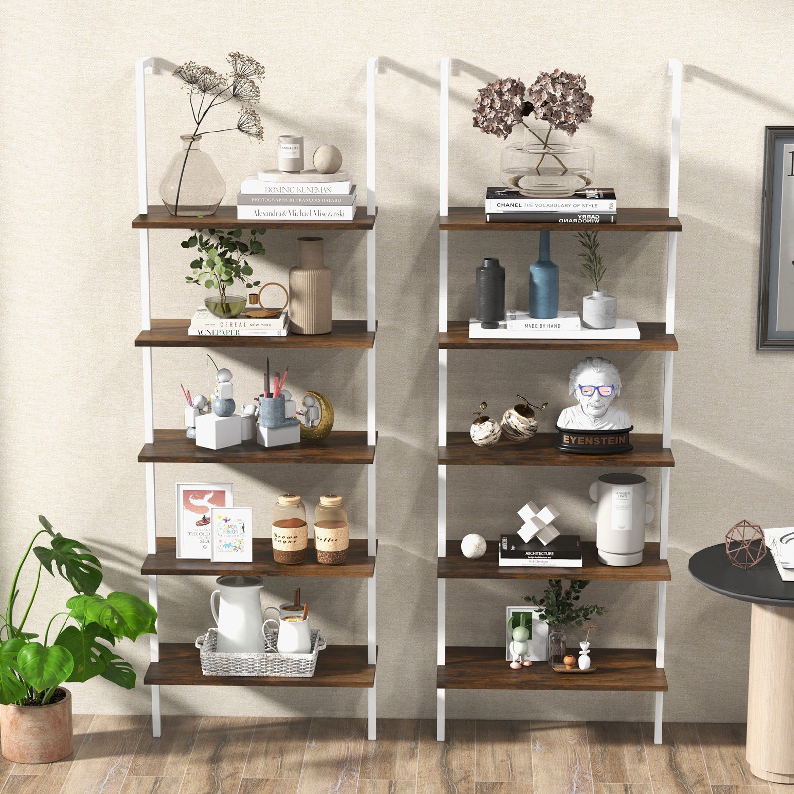 COSTWAY Leiterregal 5 Ebene Bücherregal, mit Metallrahmen, 180cm