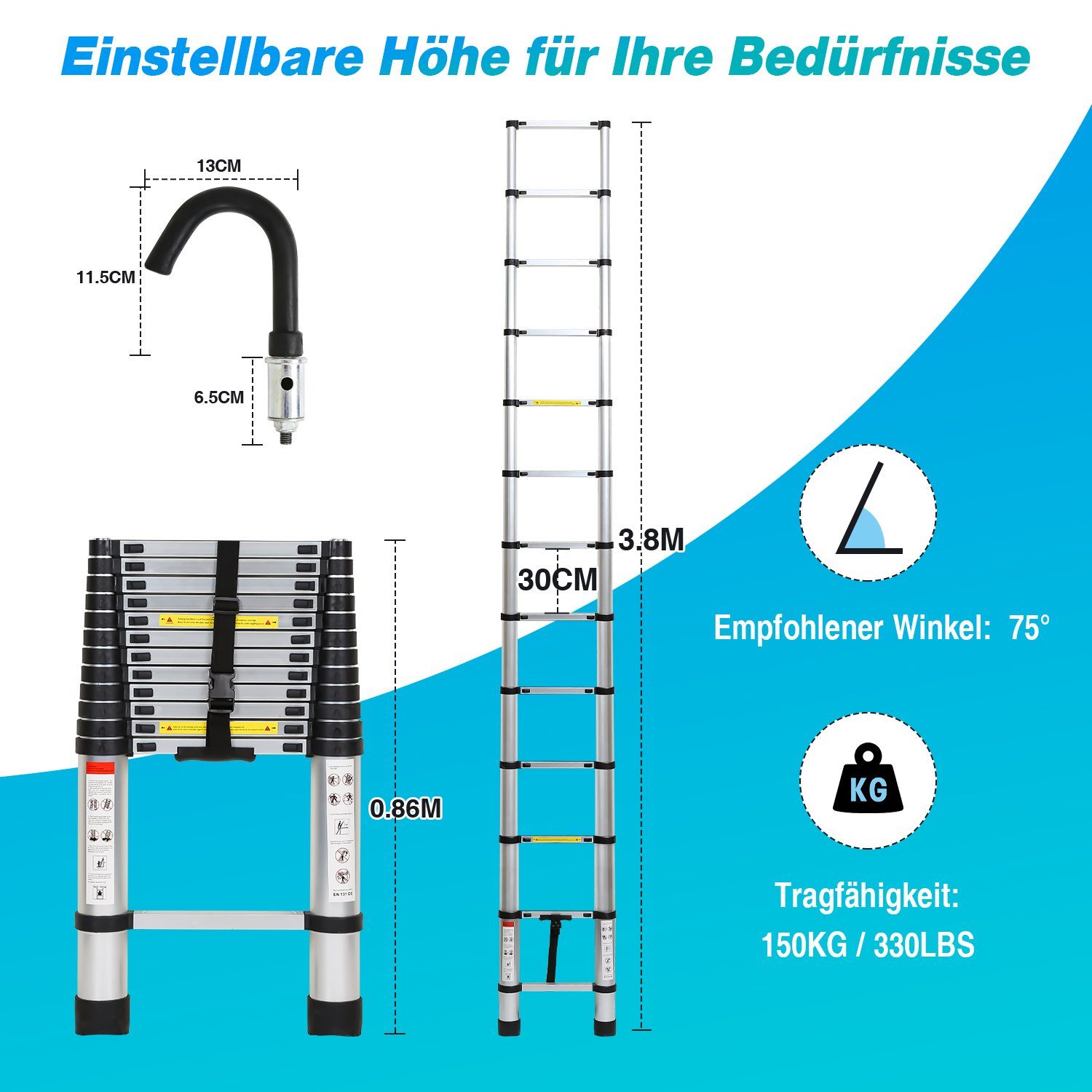 Lospitch Teleskopleiter Teleskopleiter Alu 3.8m Ausziehleiter Anlegeleiter mit haken Silber