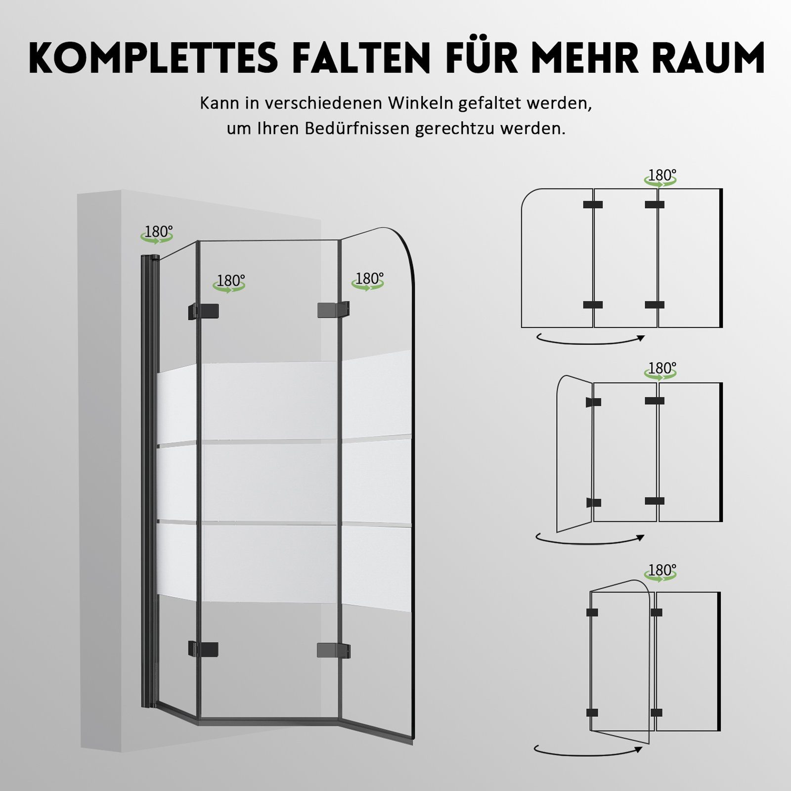 Boromal Badewannenaufsatz 3 teilig Schwarz Faltbar Duschwand Badewanne Glaswand Duschtrennwand, Sicherheitsglas, (Badewannenabtrennung 3-teilig mit Milchglas Streifen), 5mm ESG Glas, Badewannenfaltwand