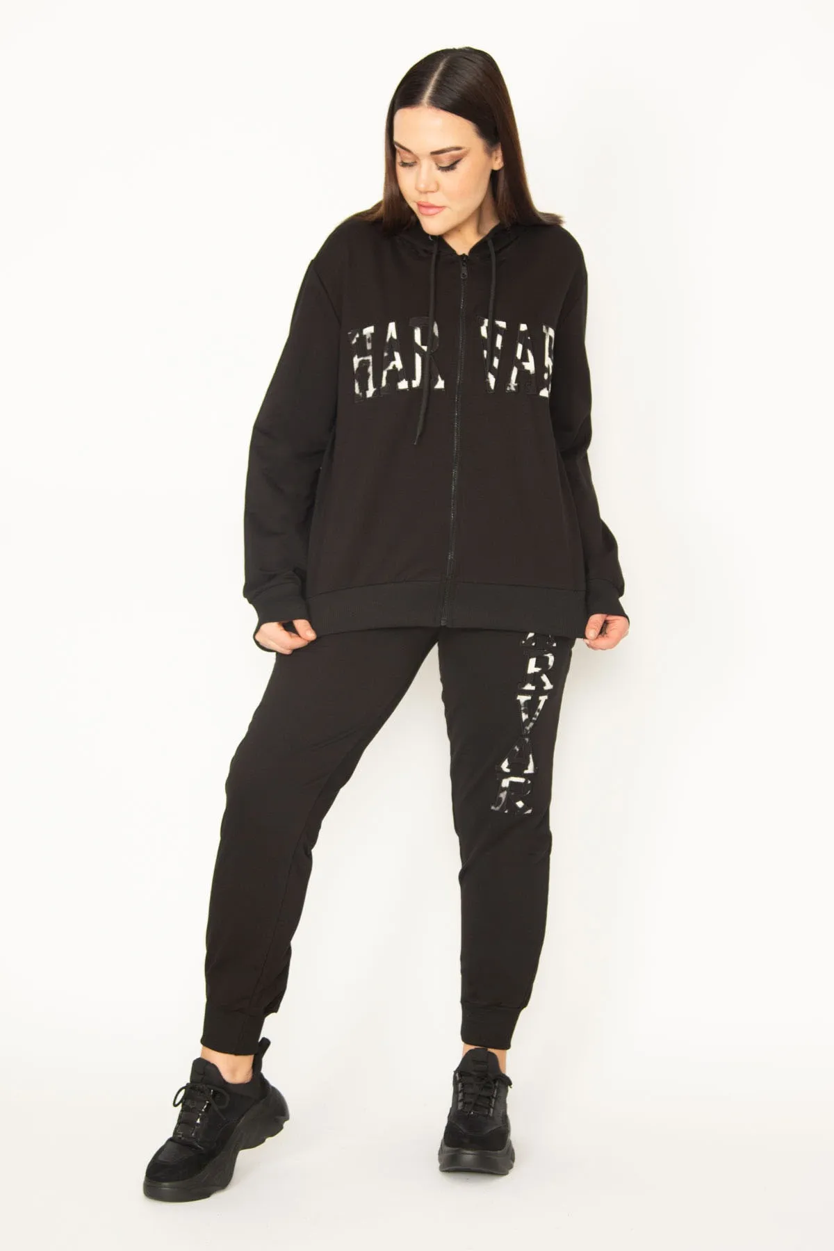 Şans  Damen-Trainingsanzug in großer Größe, schwarz, mit Kapuze, Reißverschluss vorne, detaillierte Sweatshirt-Hose, 65n31333