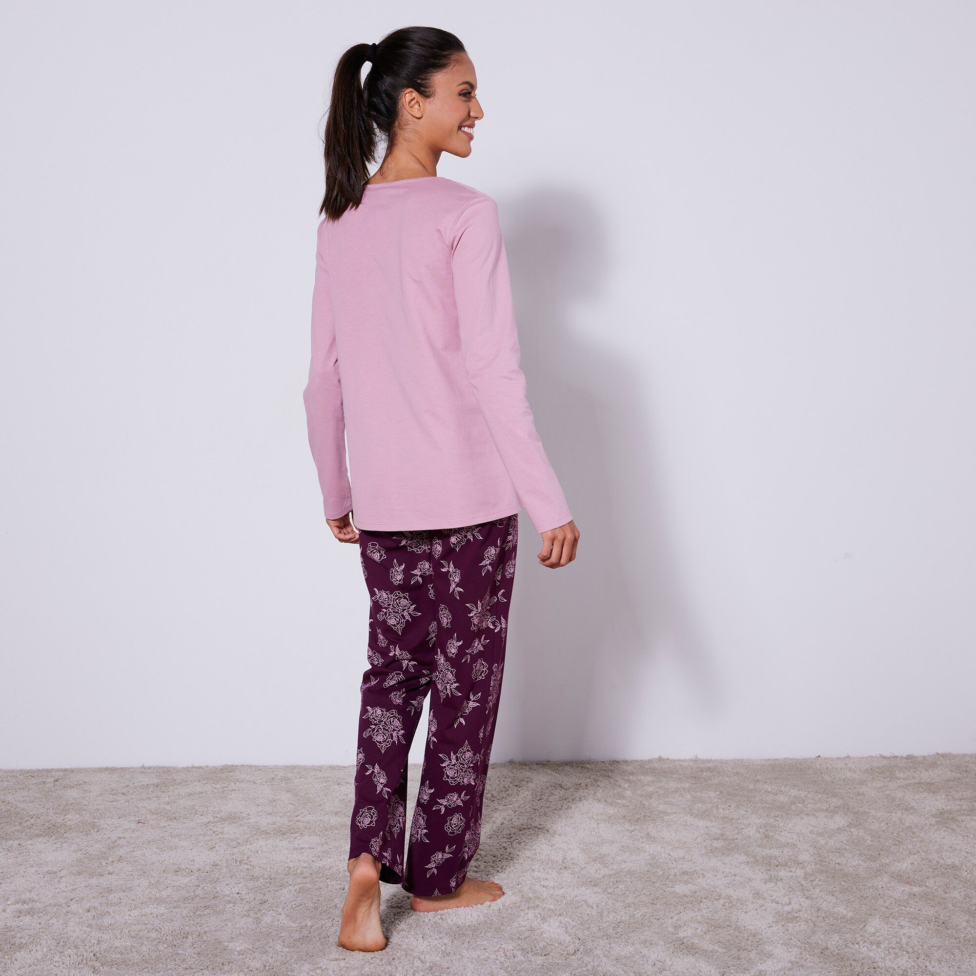 Pyjama en coton manches longues imprimé roses