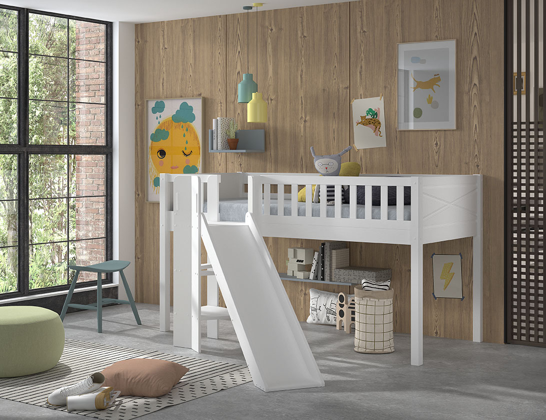 VIPACK Spielbett SCOTT, LF 90 x 200 cm, mit Rolllattenrost, Rutsche und Leiter, Ausf. Kiefer massiv weiß lackiert
