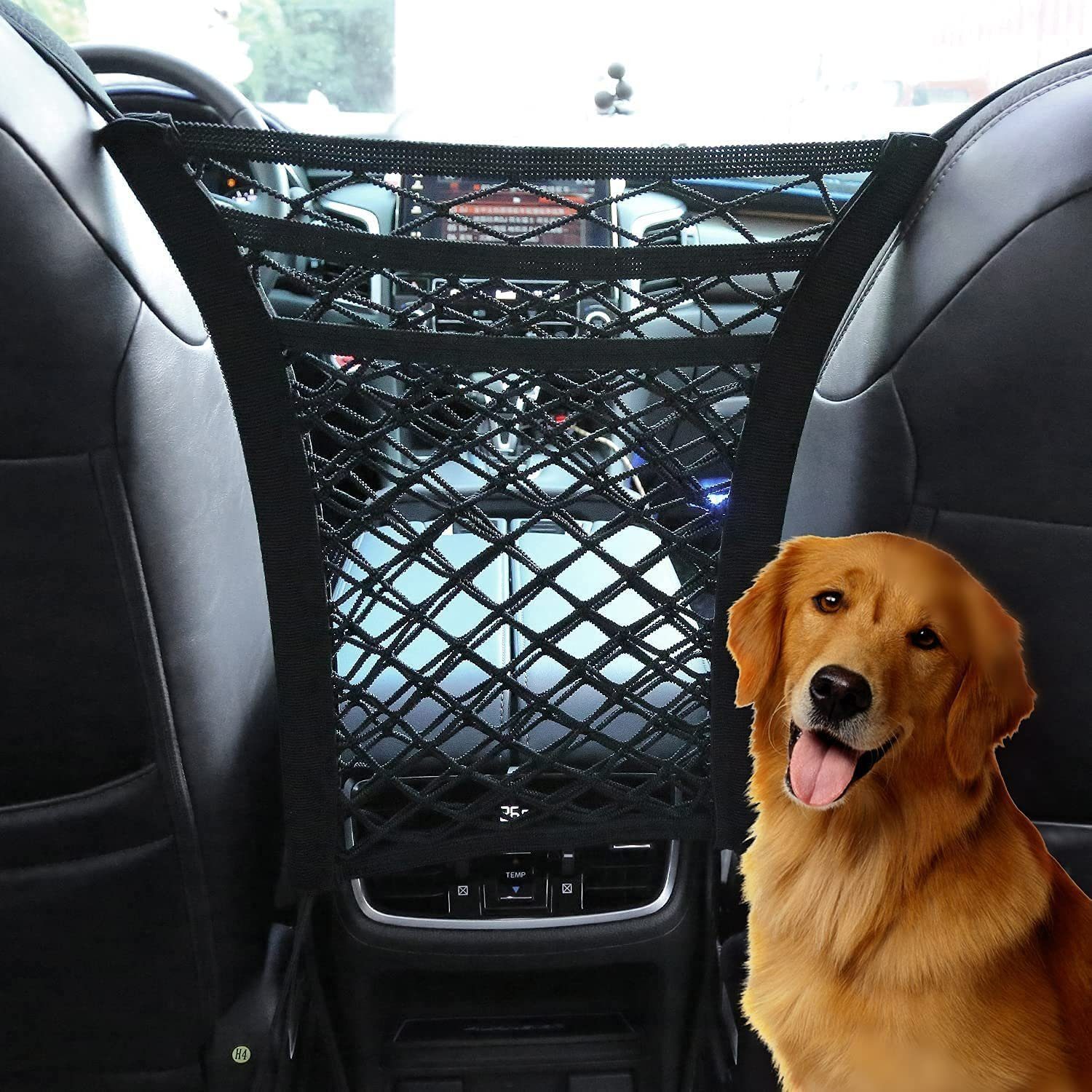 CALIYO Auto-Rückenlehnentasche 3 Schichten Autonetz Autositz Aufbewahrungsnetz mit 2 Taschen, Netz mit Haken und dehnbarer Netzbarriere, Auto-Hundegitter Autonetzbarriere für Hund, Haustier oder Kinder, 30 * 28cm