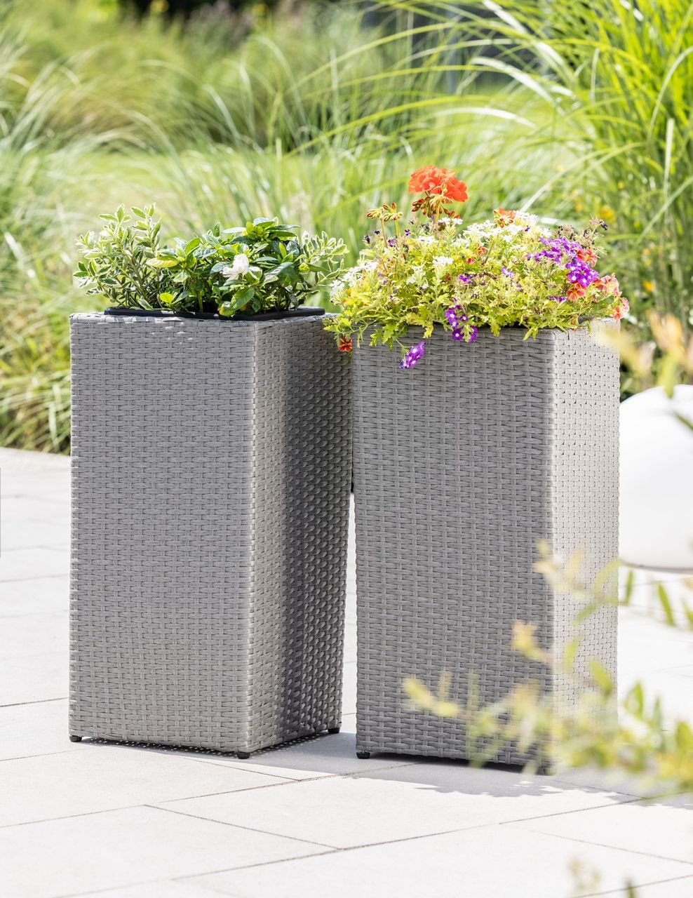 Powertec Garden Rattan Quader Pflanzkübel - Grau, 2er-Set