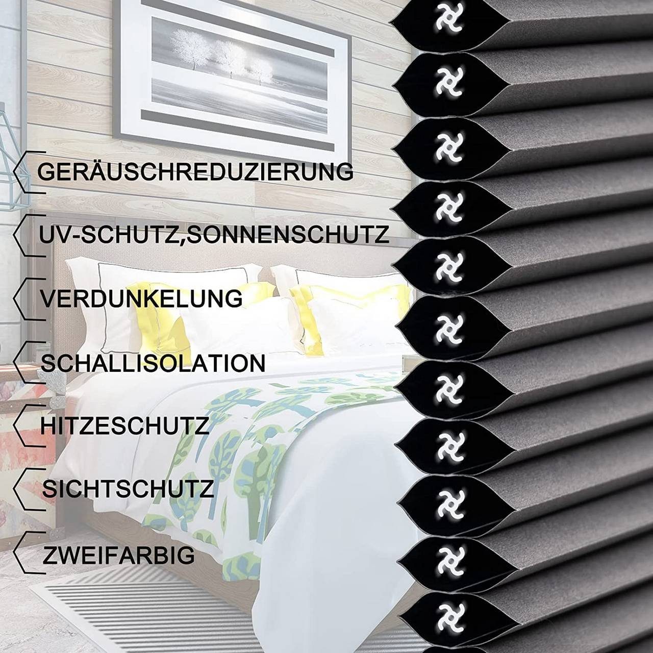 Plissee, Woltu, verdunkelnd, verspannt, Klemmfix, Wabenplissees ohne Bohren