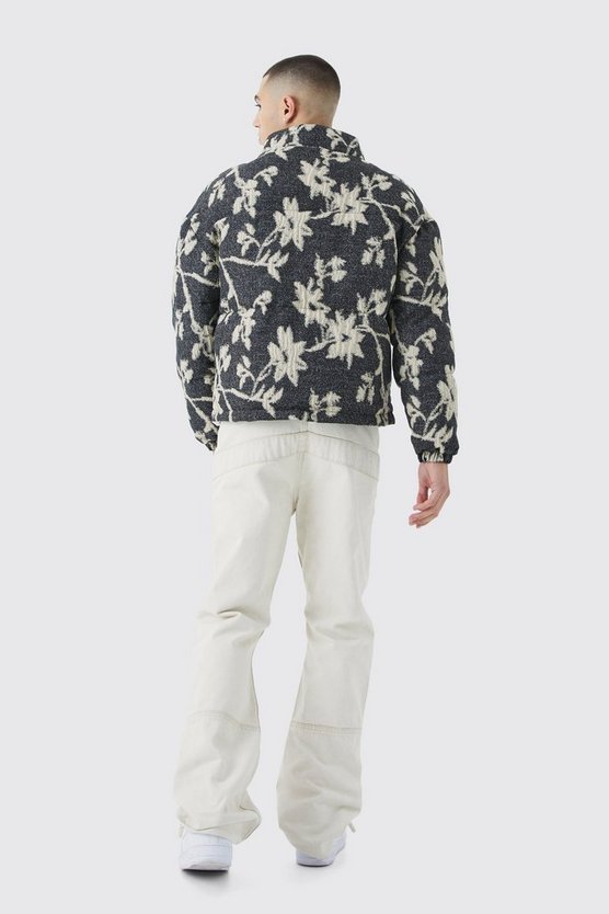 Kastige florale Jacquard-Steppjacke mit Trichterkragen
