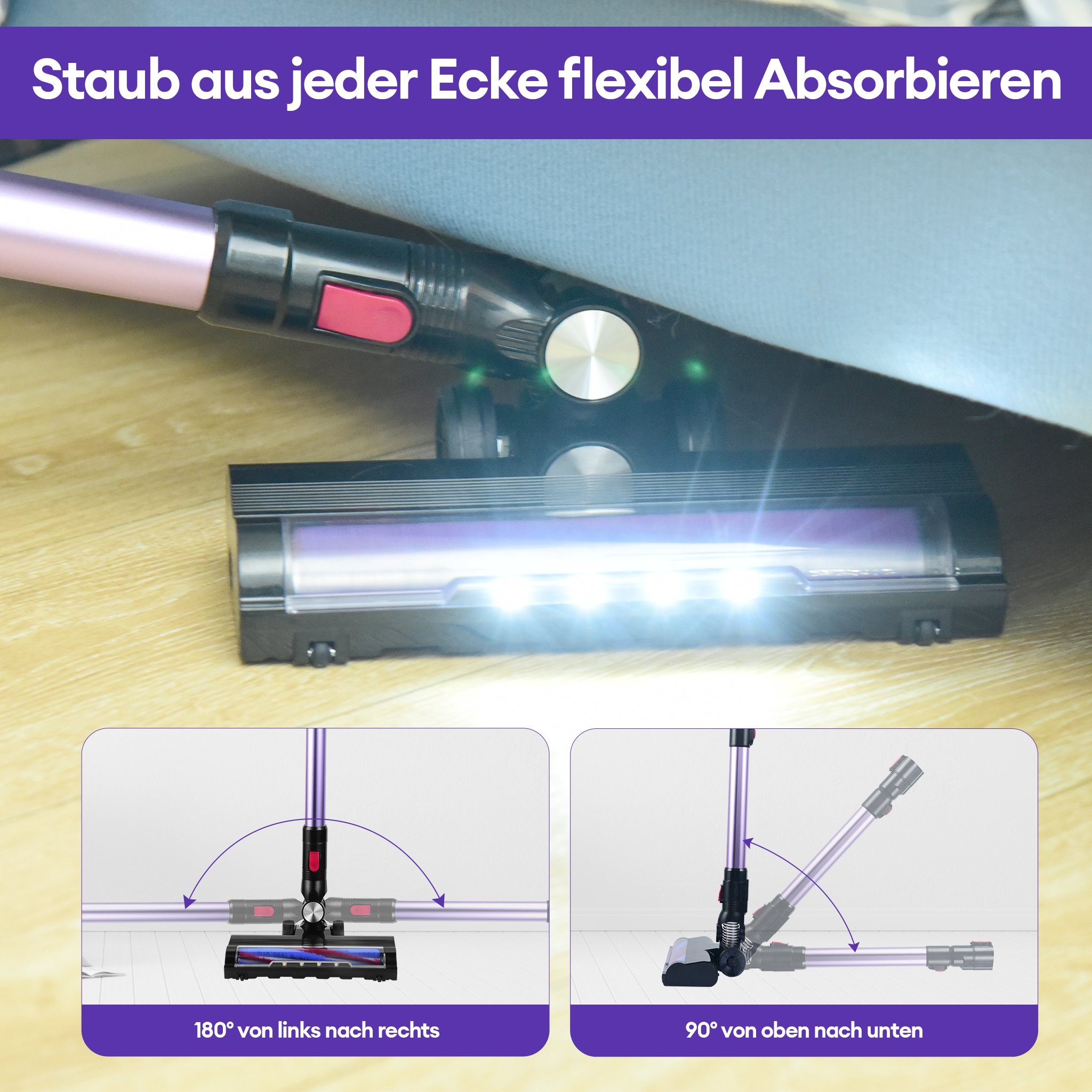 CkeyiN Akku-Hand-und Stielstaubsauger 28kPa Saugleistung, Kabelloser, leistungsstarker Staubsauger, 250,00 W, LED-Beleuchtung, 4-Schicht-Filtersystem