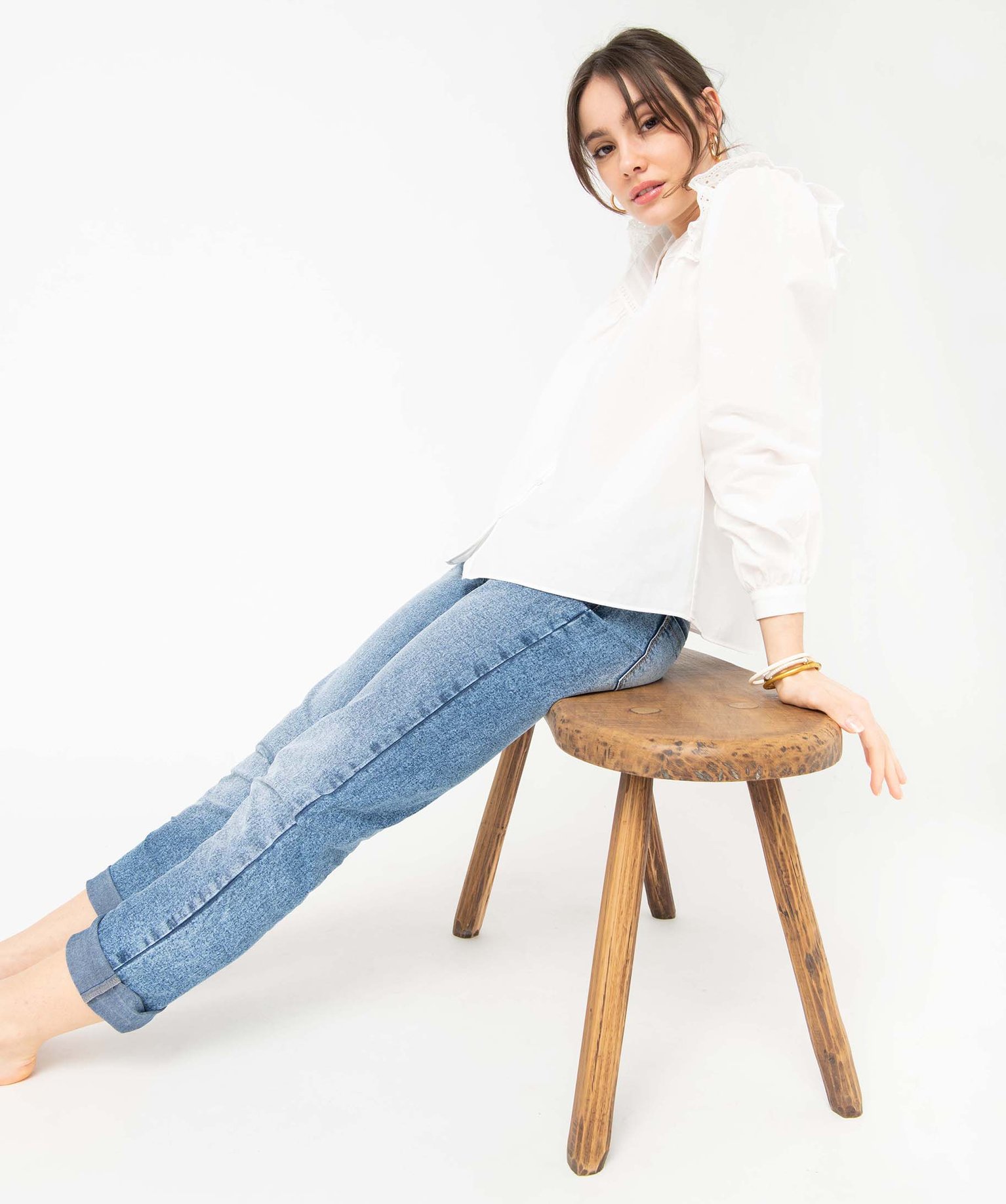 Blouse femme à boutons et plastron dentelle ecru | GEMO
