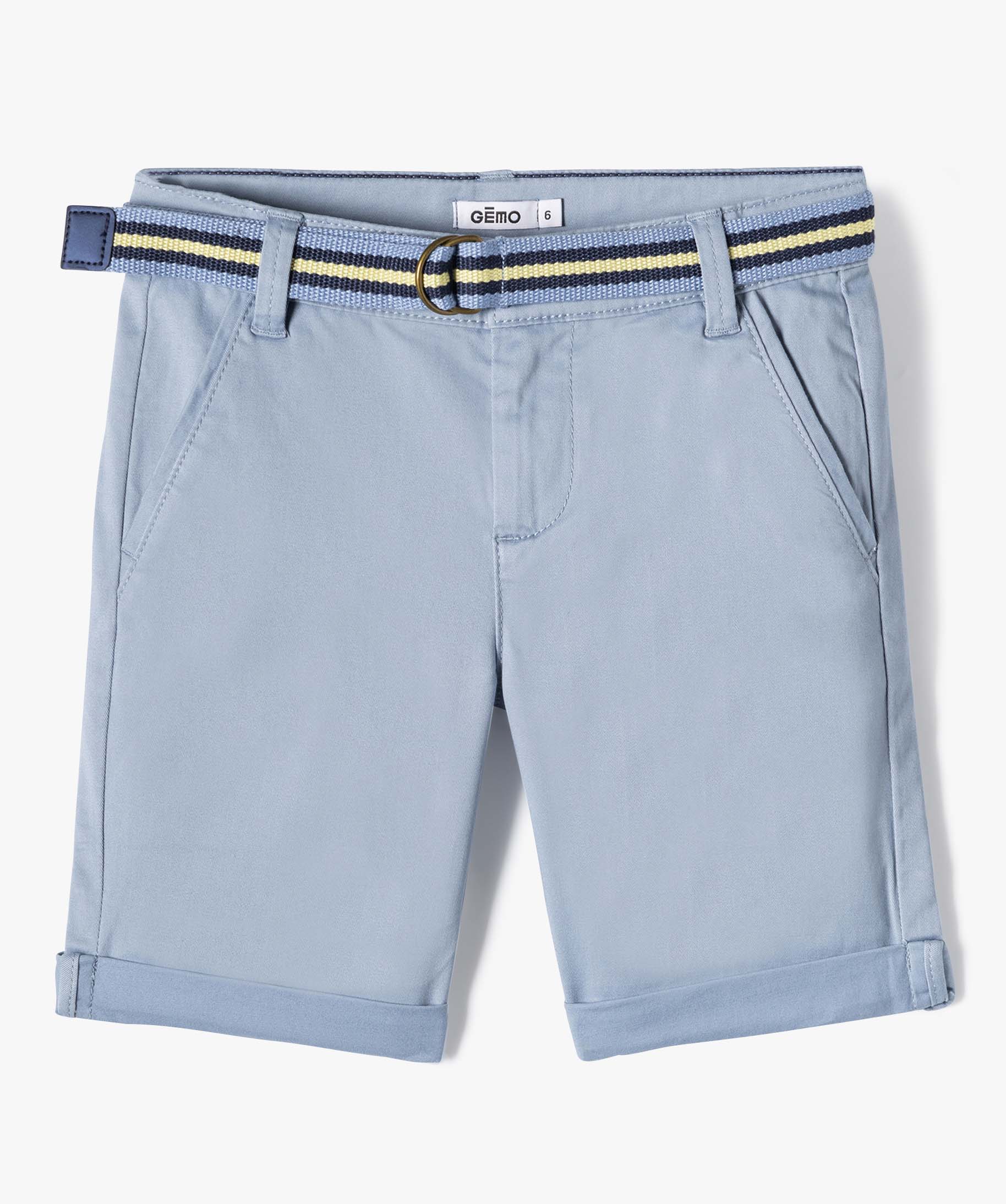 Bermuda Garçon en toile avec revers et ceinture tricolore bleu | GEMO
