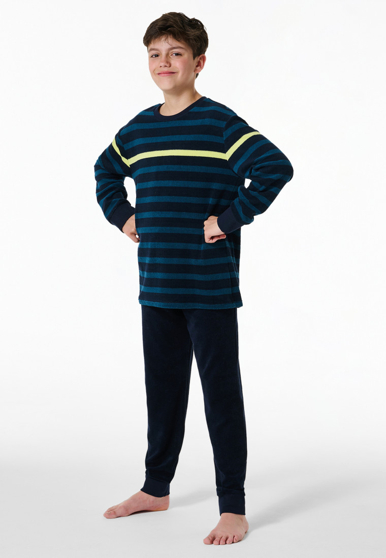 Schlafanzug lang Frottee Bündchen nachtblau geringelt - Nightwear